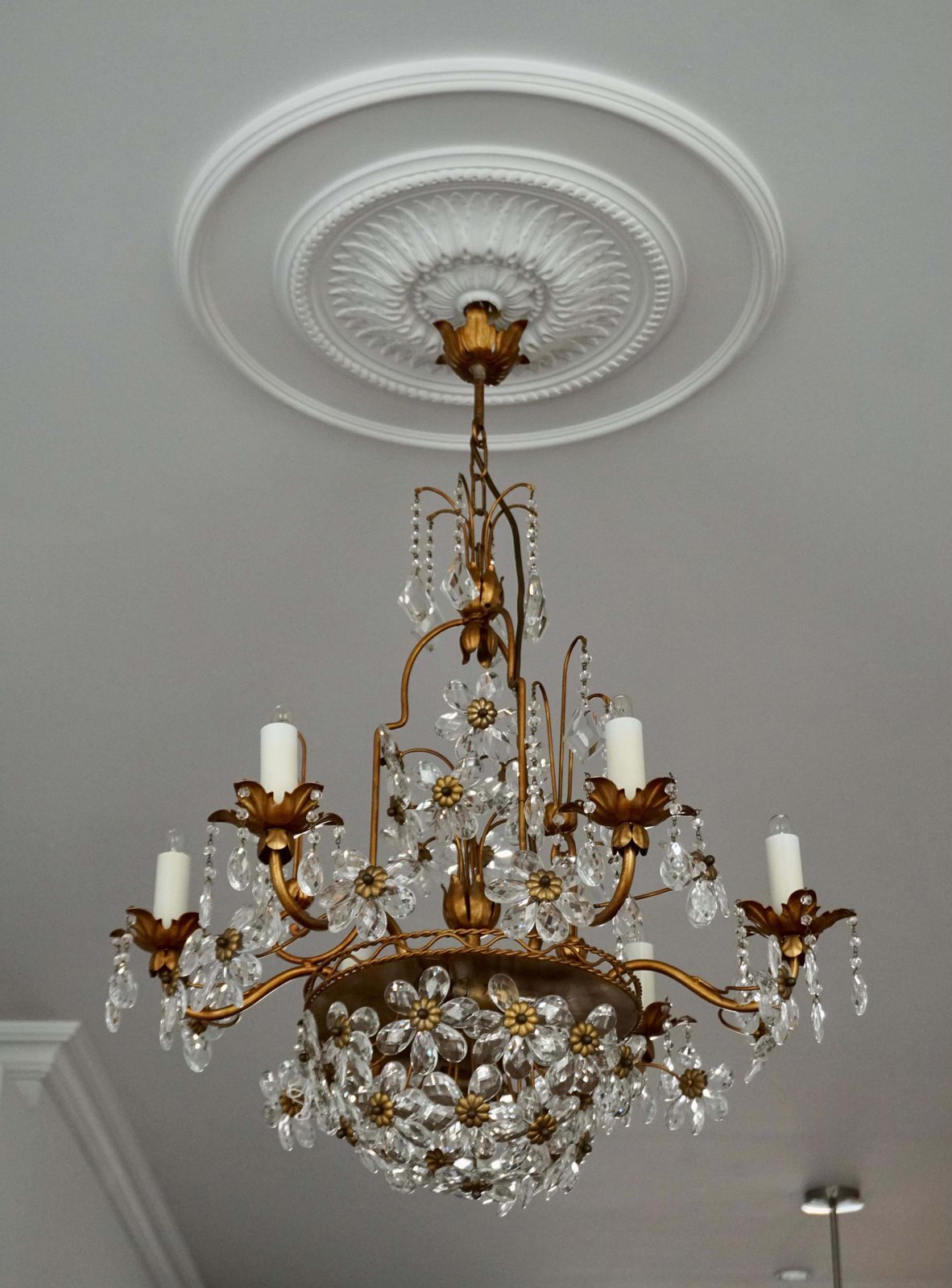 Italian Brass Gilt Chandelier With Glass Flowers photo Lighting