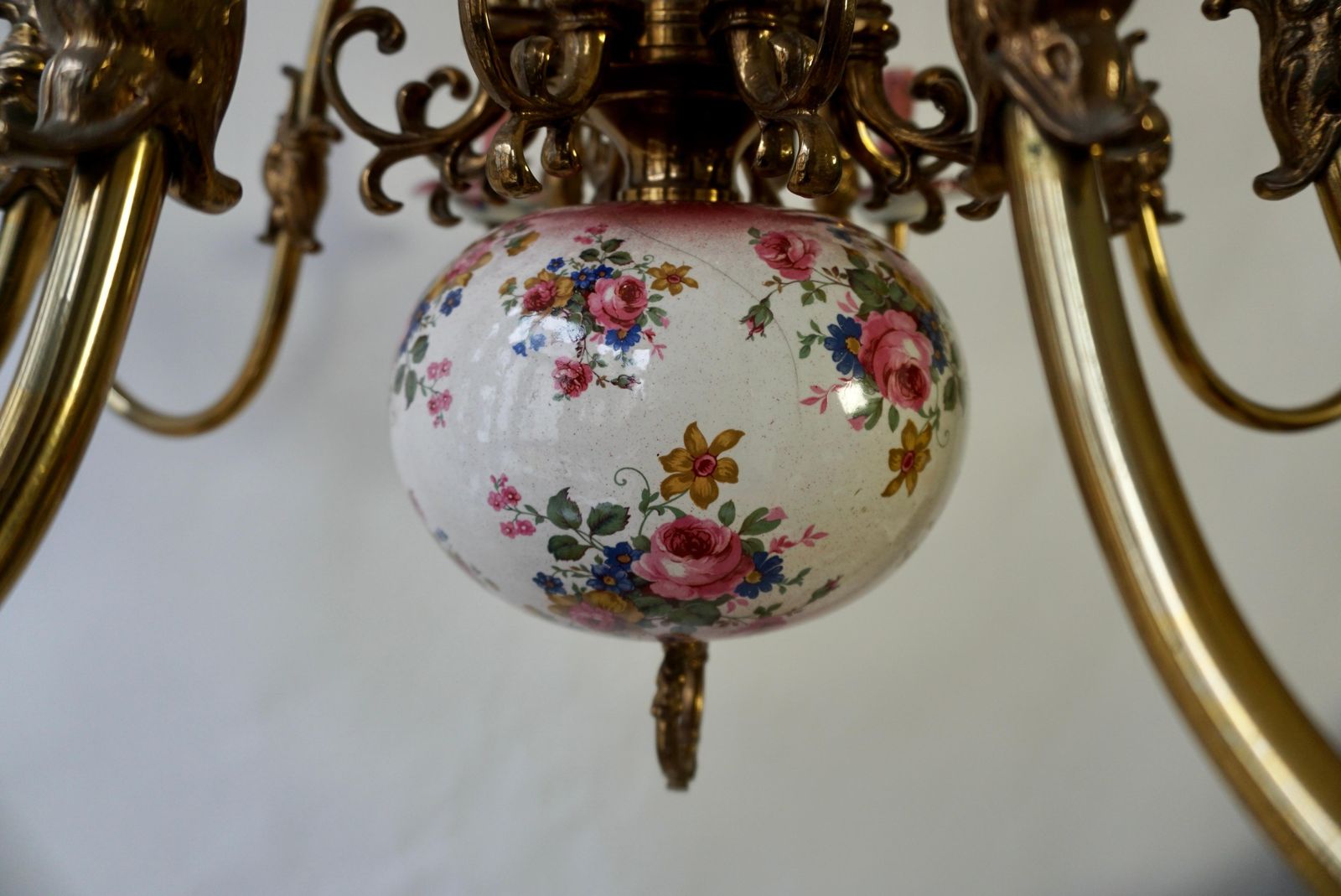 Glorious Large Delft Chandelier In Brass And Porcelain Flowers photo vintage