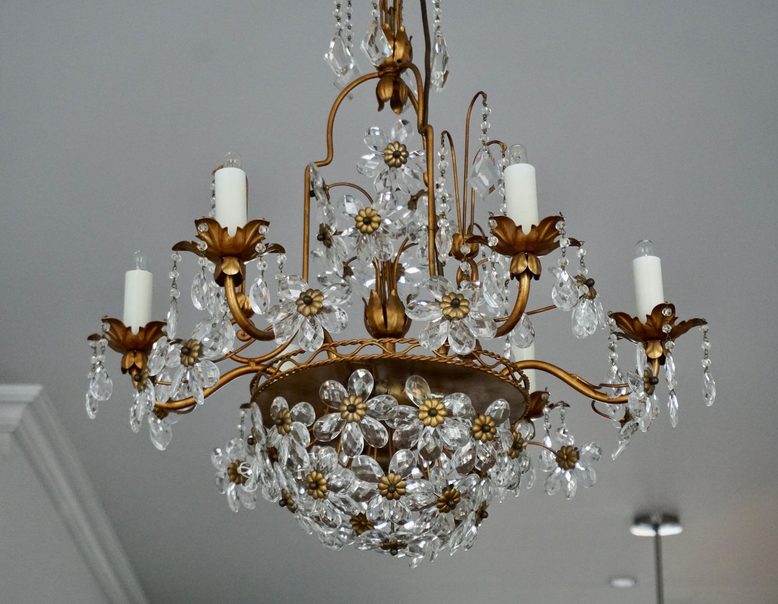 Italian Brass Gilt Chandelier With Glass Flowers photo vinterior