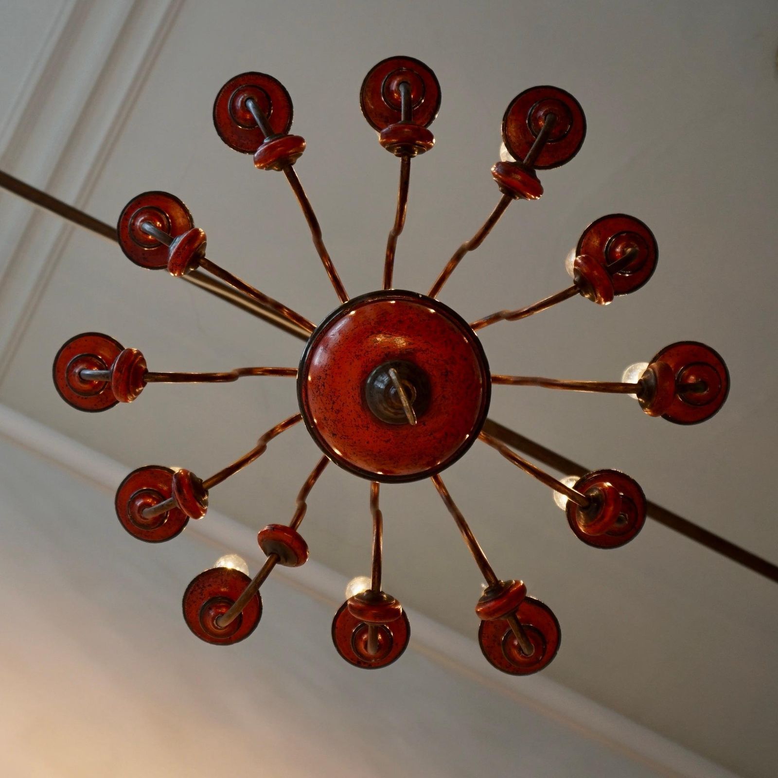 Mid Century Red Lacquered Wood 12 Lights Chandelier photo Lighting