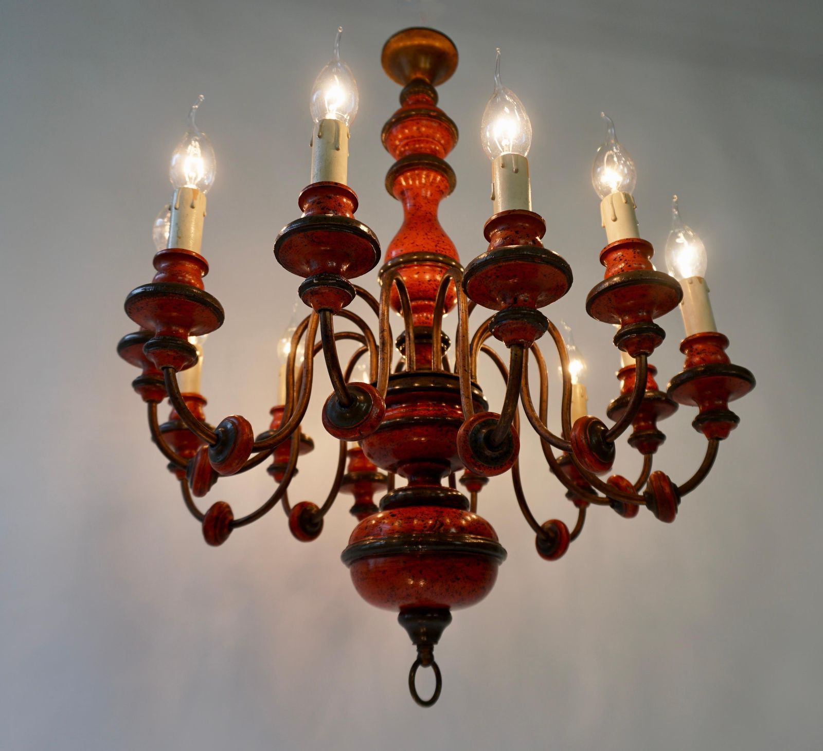 photo for sale Mid Century Red Lacquered Wood 12 Lights Chandelier