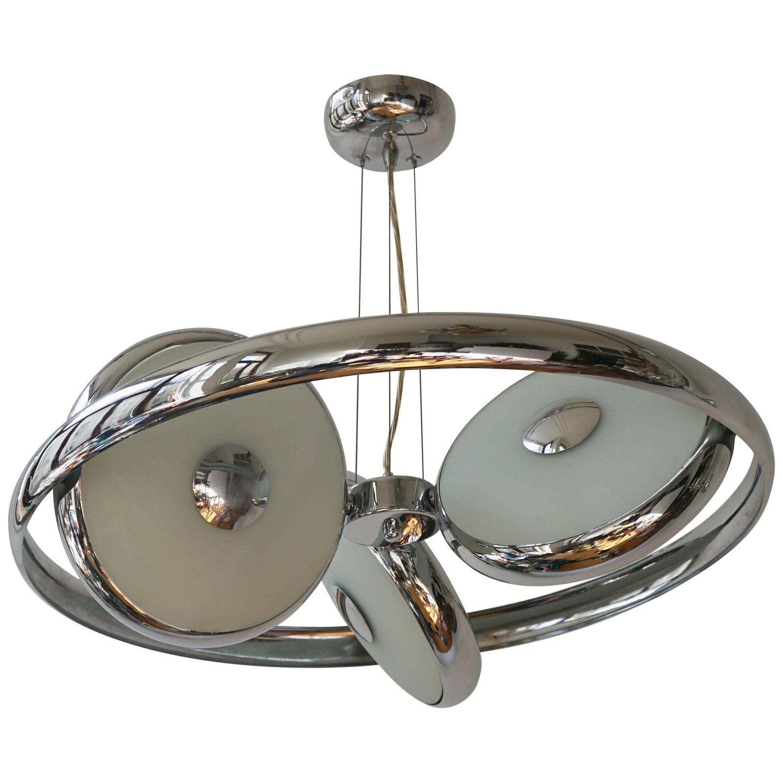 One Off Three Adjustable Italian Glass And Chrome Ufo Chandeliers