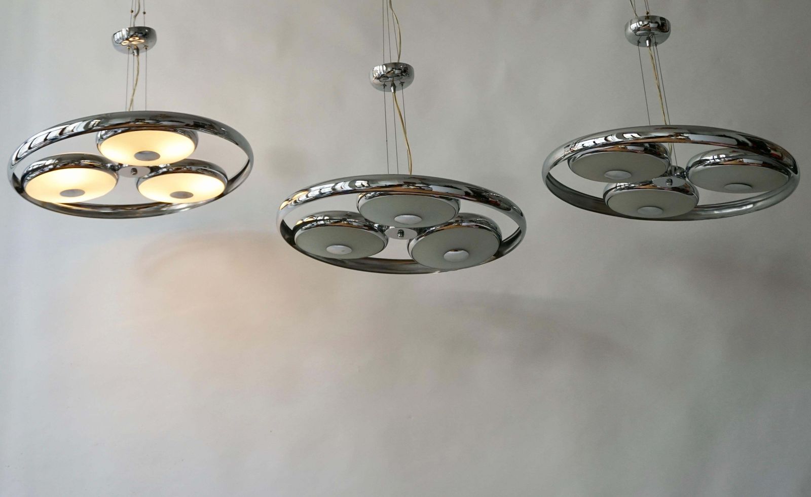 One Off Three Adjustable Italian Glass And Chrome Ufo Chandeliers photo for sale