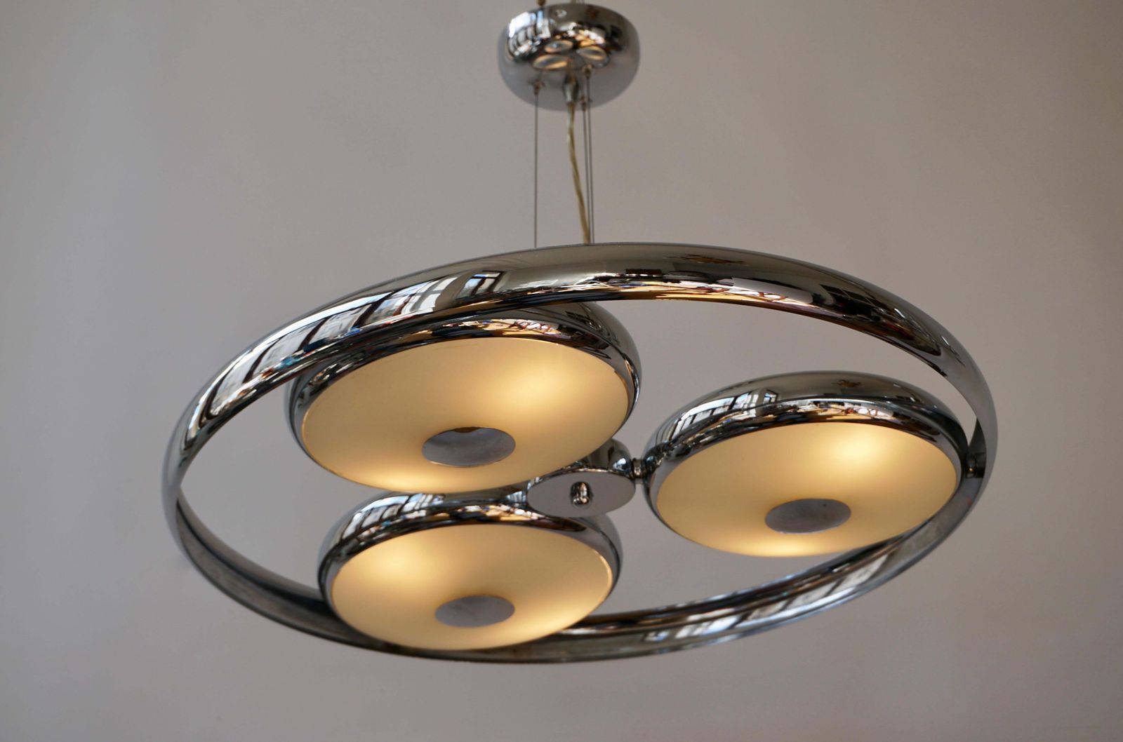 One Off Three Adjustable Italian Glass And Chrome Ufo Chandeliers photo 2975.0