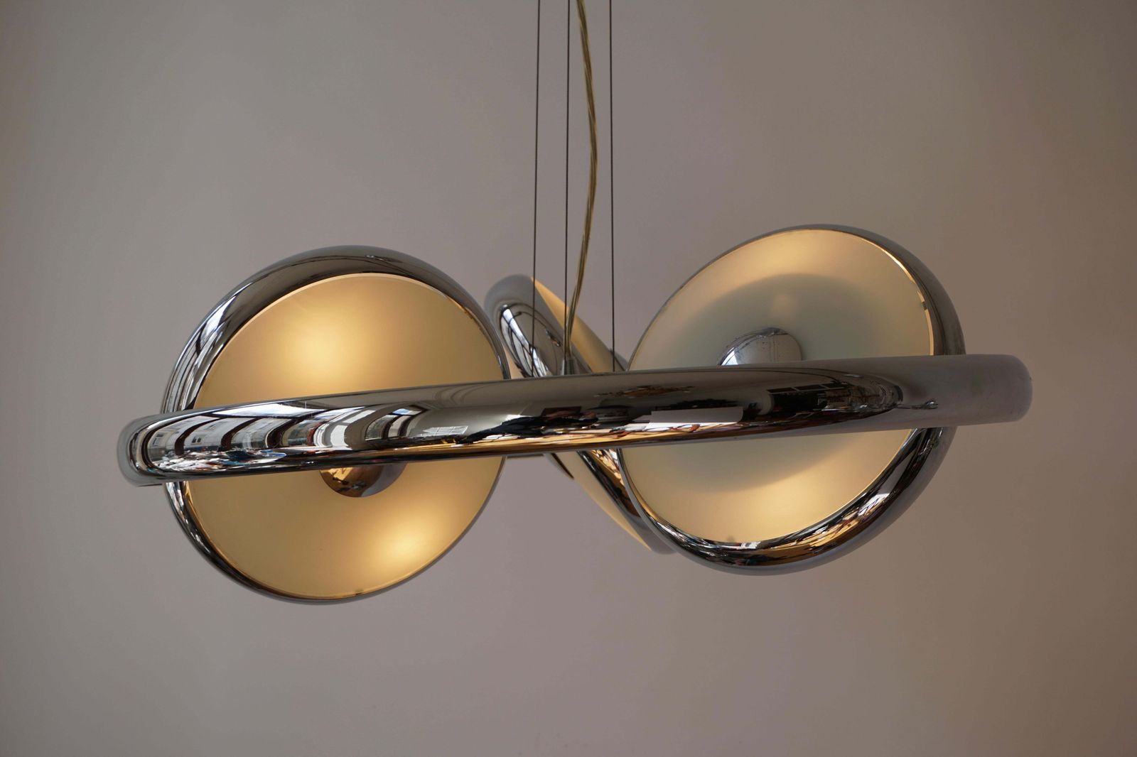 photo for sale One Off Three Adjustable Italian Glass And Chrome Ufo Chandeliers