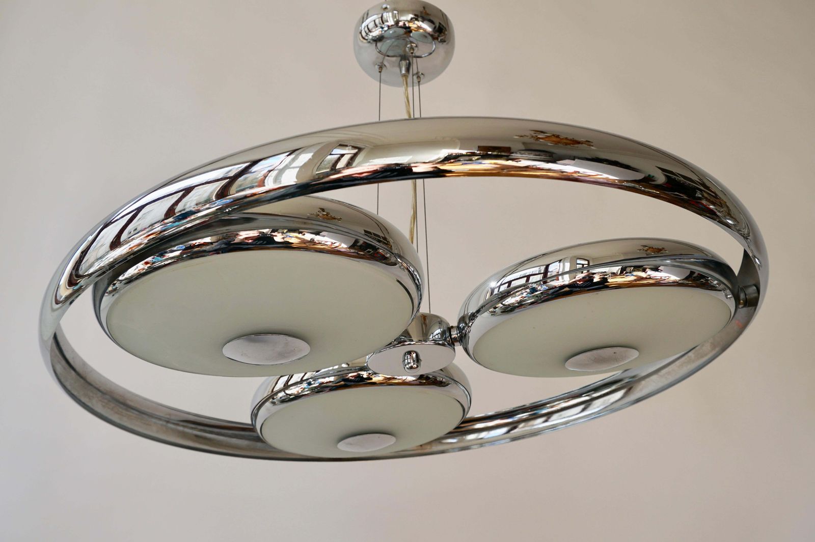 2975.0 One Off Three Adjustable Italian Glass And Chrome Ufo Chandeliers photo