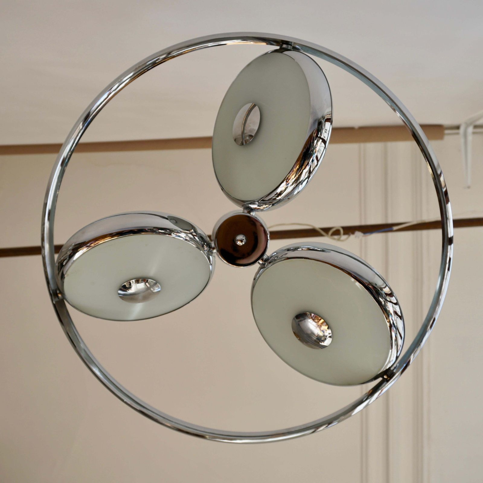 photo vintage One Off Three Adjustable Italian Glass And Chrome Ufo Chandeliers