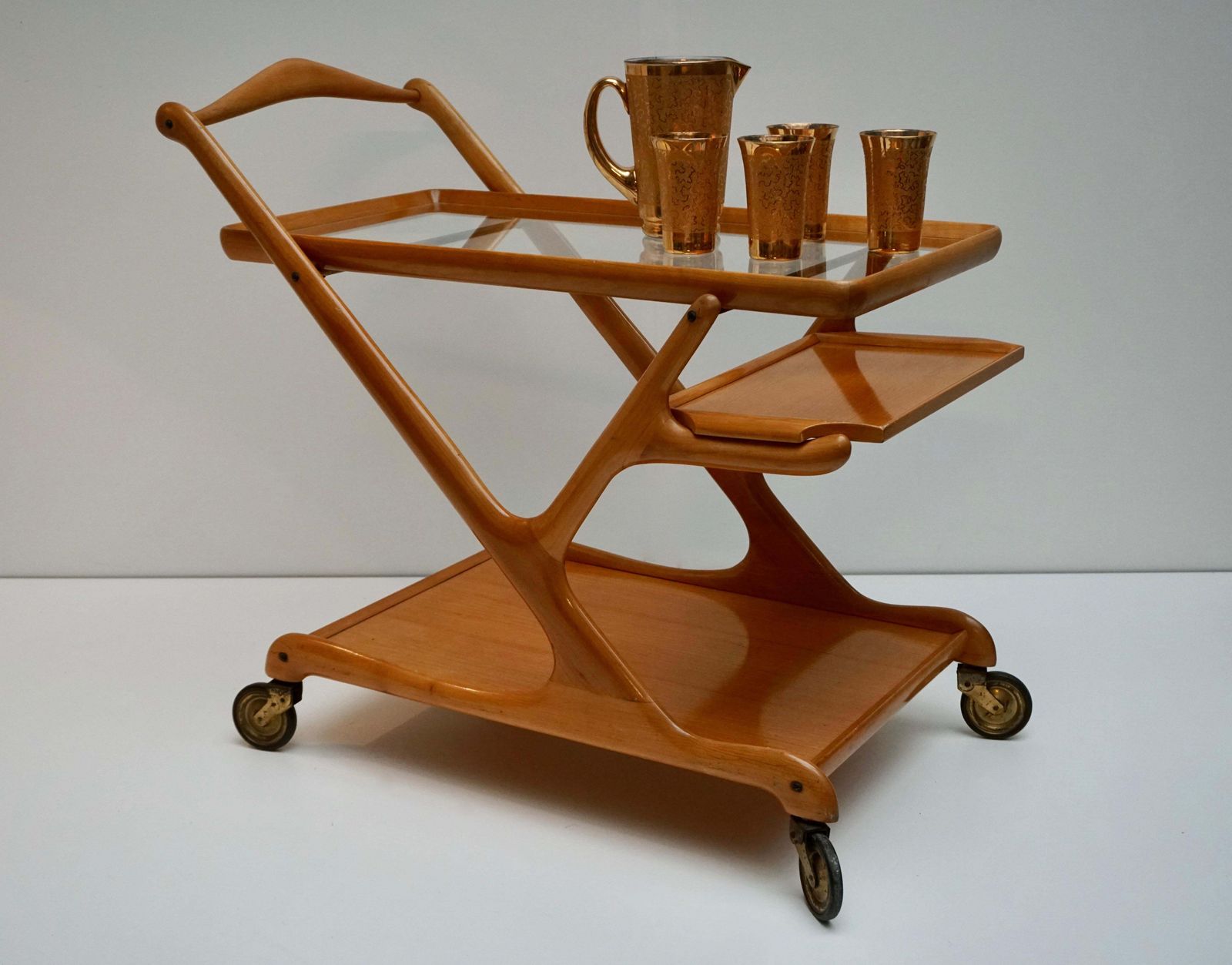 Elegant Wooden Bar Cart Serving Trolley, Italy, 1950s photo for sale