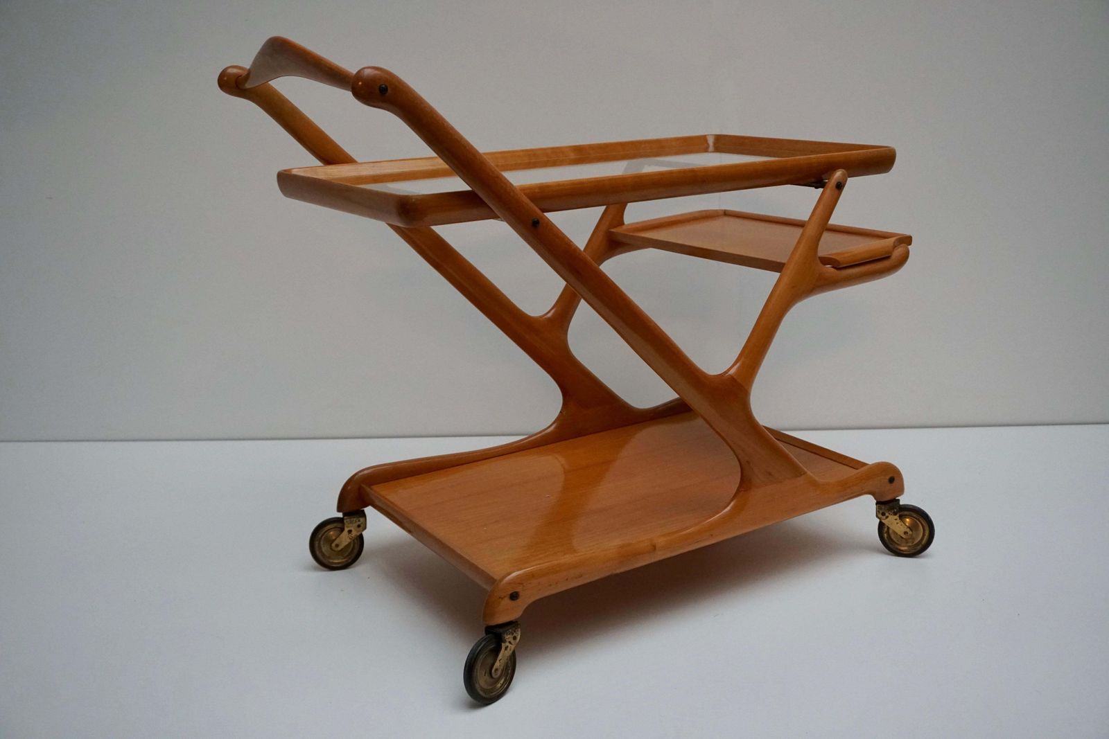 Furniture Elegant Wooden Bar Cart Serving Trolley, Italy, 1950s photo
