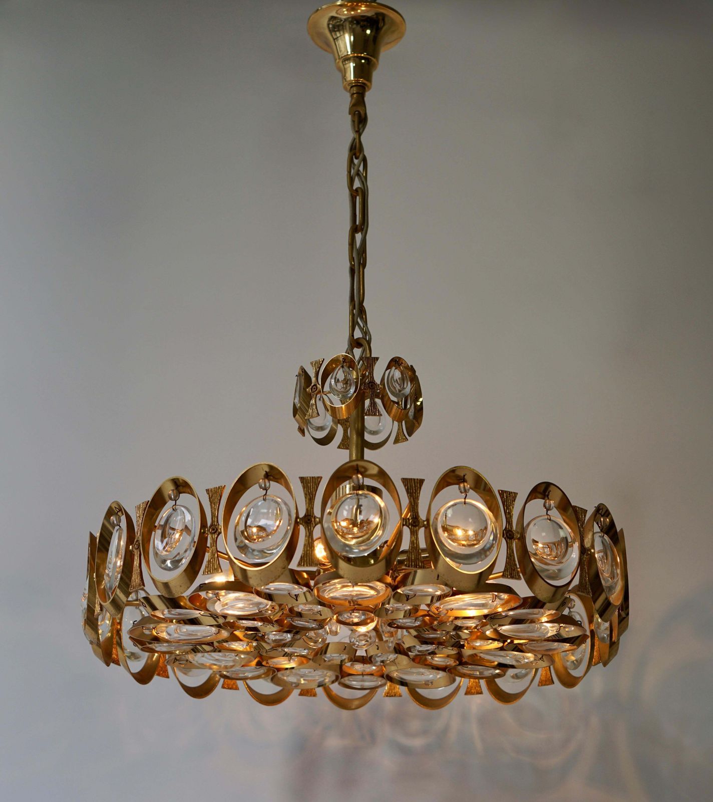 Palwa Chandelier Or Pendant Light, Gilt Brass And Crystal Glass, 1970 photo furniture