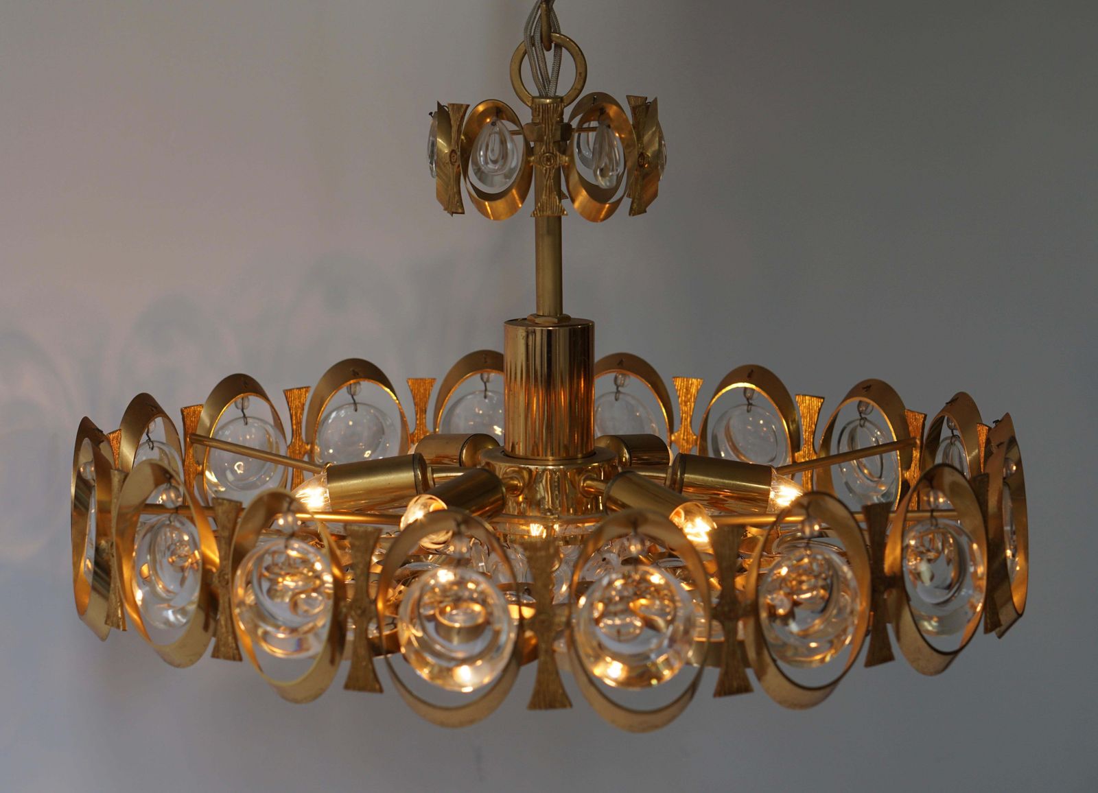 photo buy Palwa Chandelier Or Pendant Light, Gilt Brass And Crystal Glass, 1970