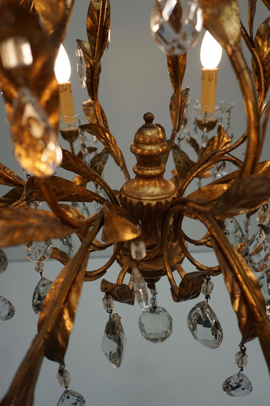 Gilded Brass Eight Light Chandelier With Leaves And Crystal photo Lighting