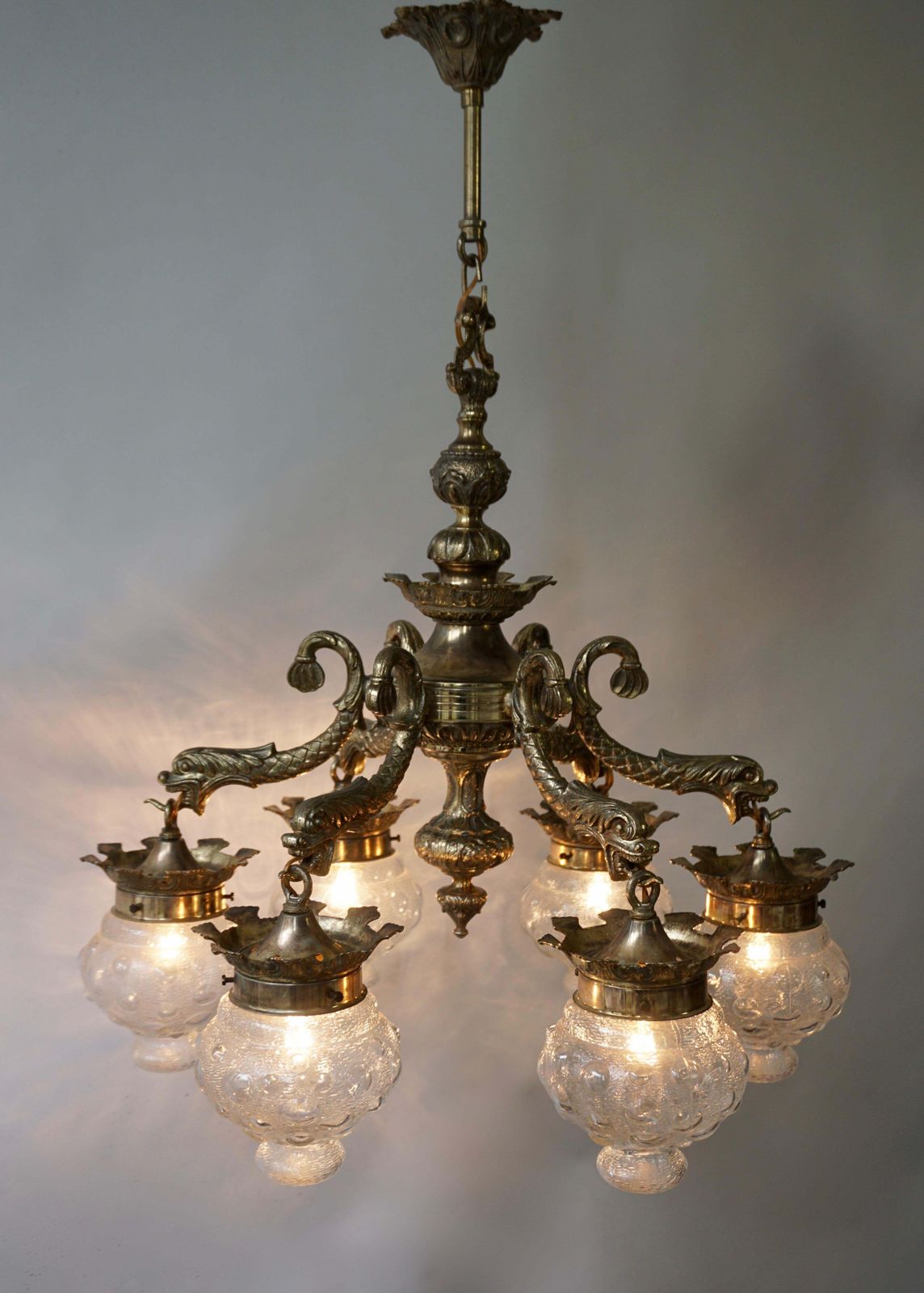Stunning Brass Chandelier In Gothic Or Medieval Style With Dragon Sculptures photo vinterior