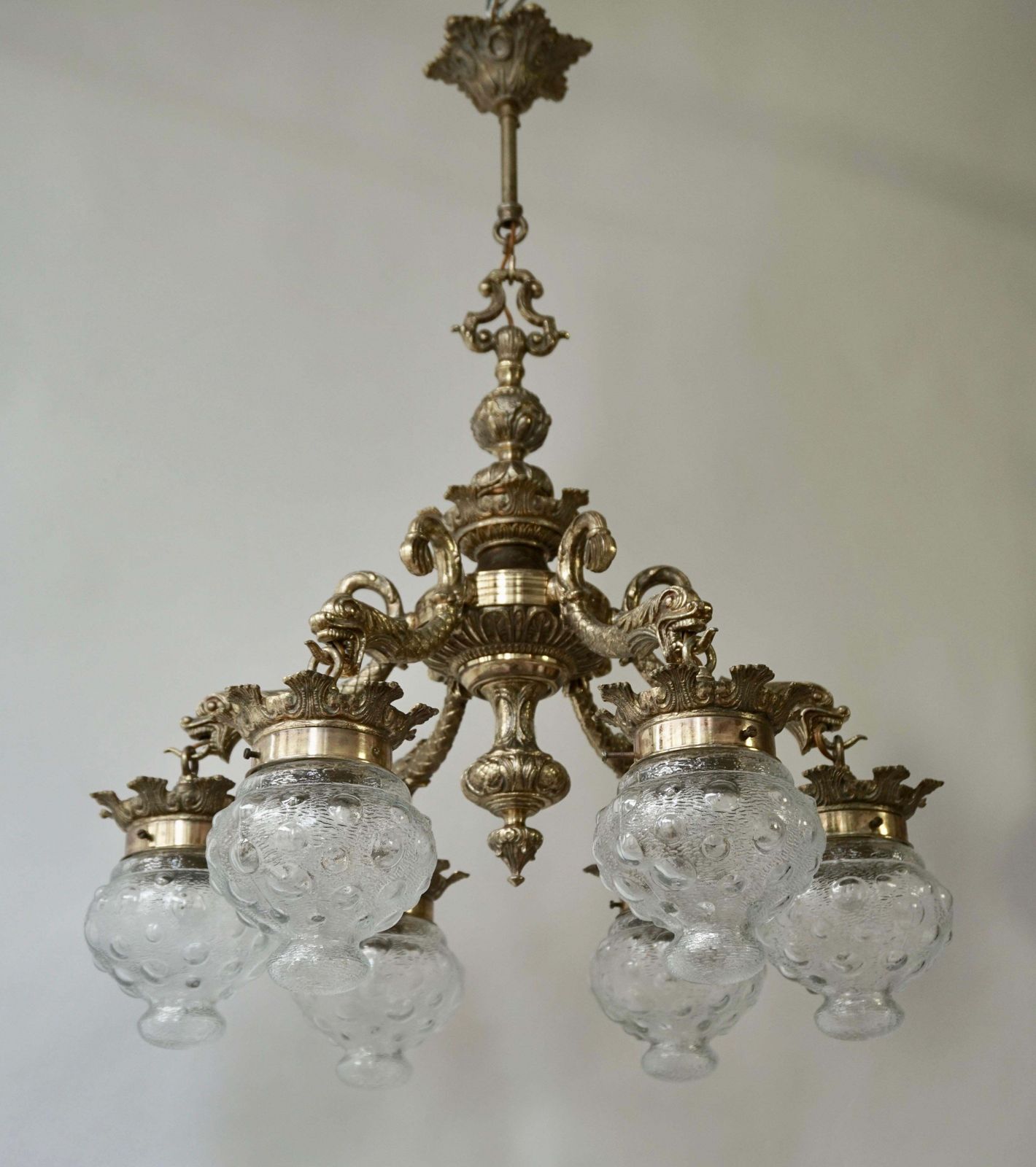 photo for sale Stunning Brass Chandelier In Gothic Or Medieval Style With Dragon Sculptures