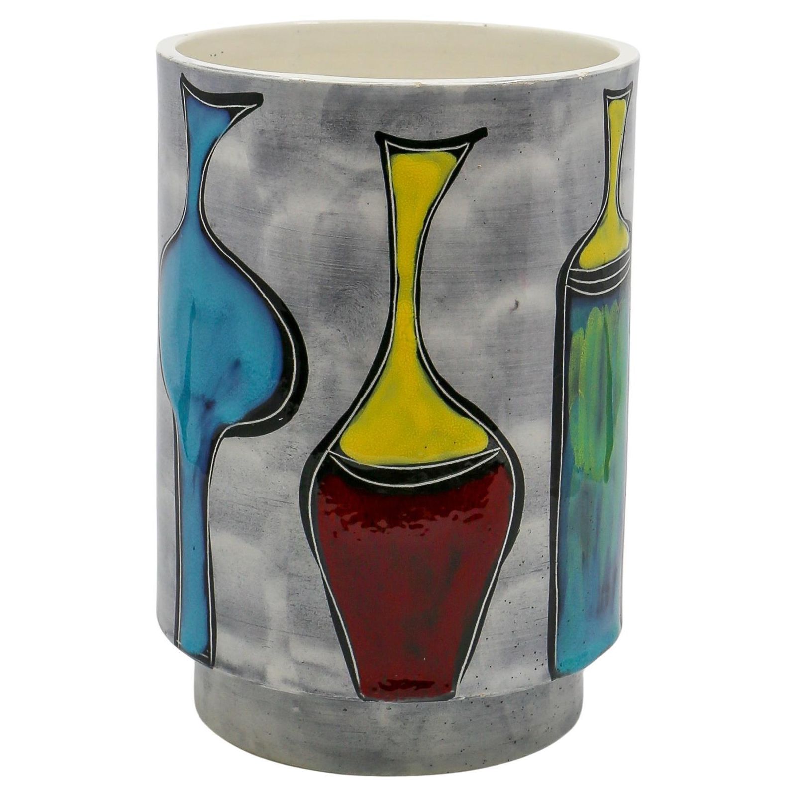 Italian Ceramic Round Vase With Bottle And Floral Motifs