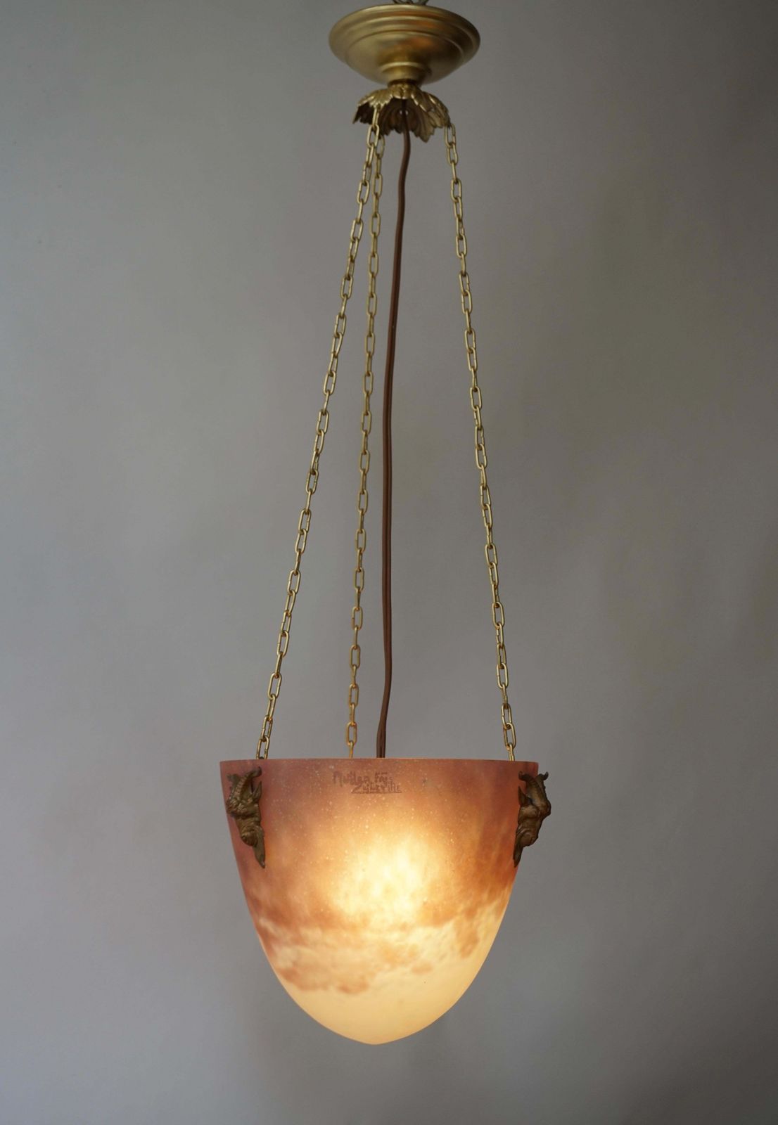 Muller Freres Mottled Glass And Bronze Art Deco Pendant Chandelier, France photo furniture