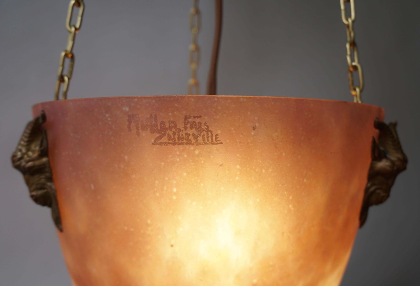 photo for sale Muller Freres Mottled Glass And Bronze Art Deco Pendant Chandelier, France