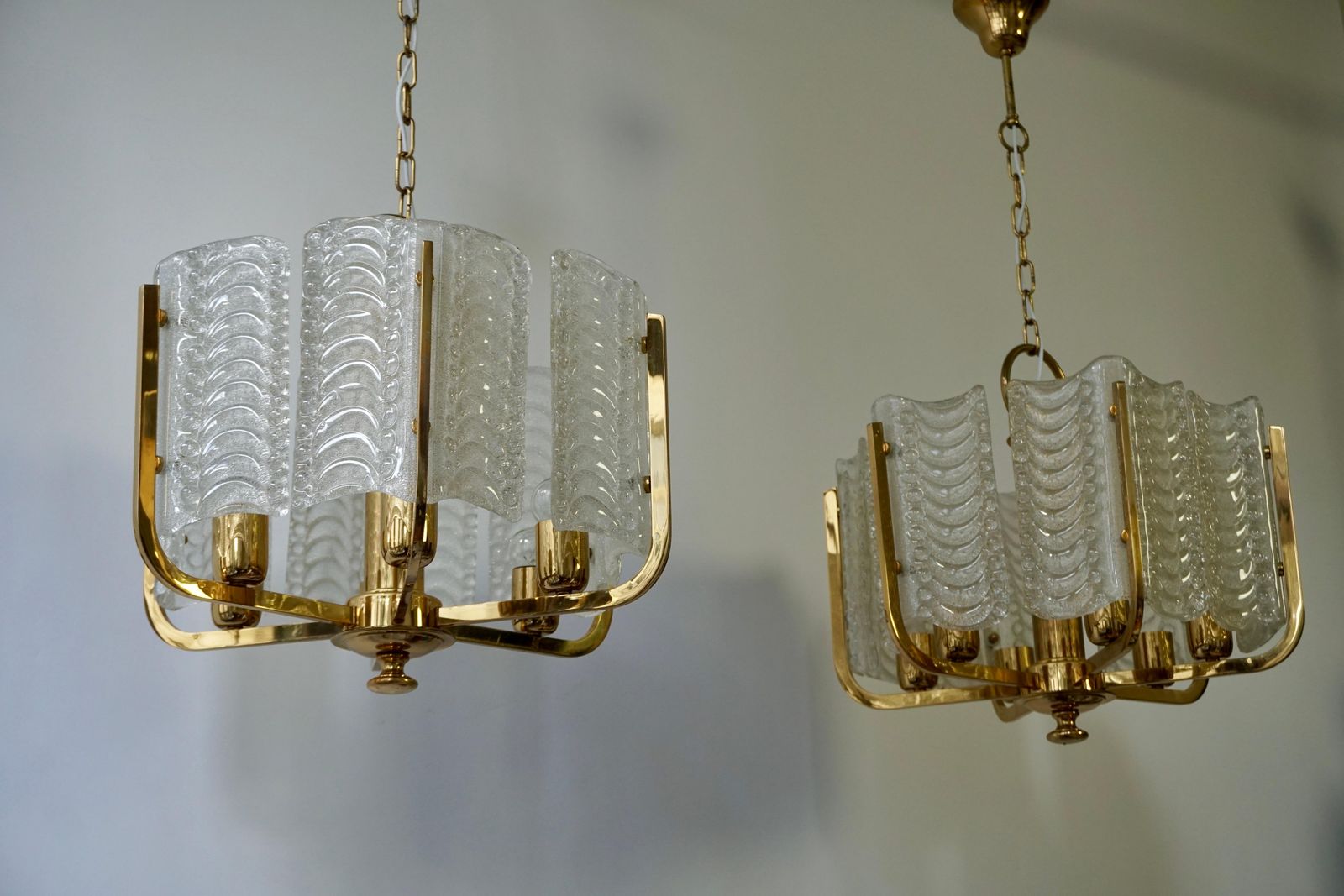 One Italian Golden Brass And Murano Glass Pendant Light photo for sale