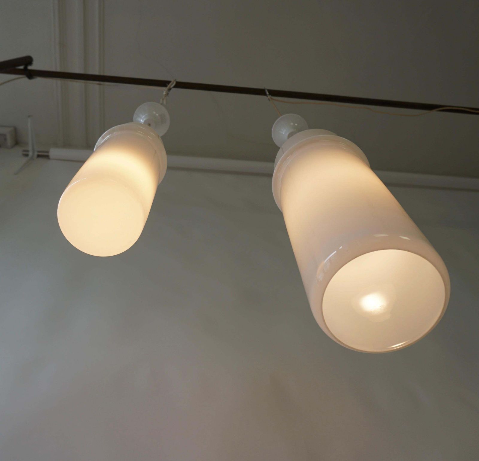 Two Stilnovo Pendant Lamps In Murano Glass And Brass, Italy, 1960s. photo vinterior