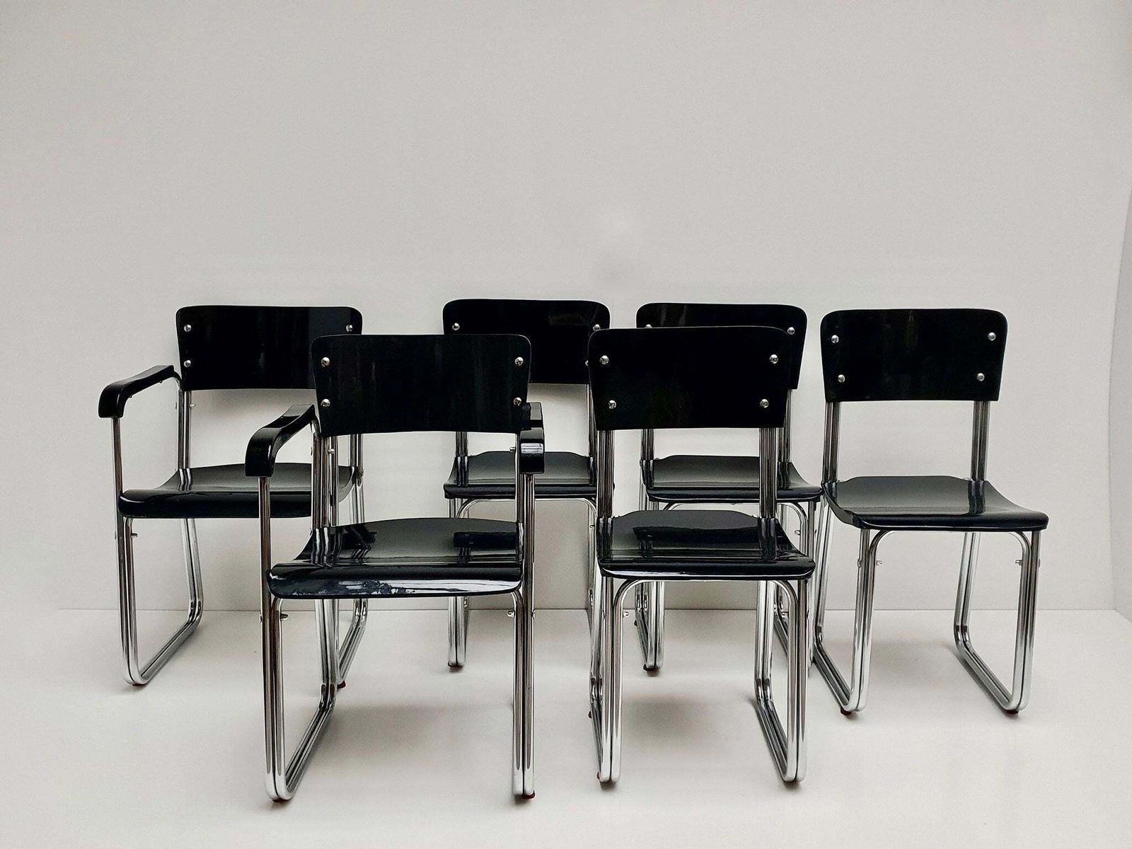 Set Of Six Chic Ebonized Modernist Chroom Bauhaus Chairs photo 2890.0