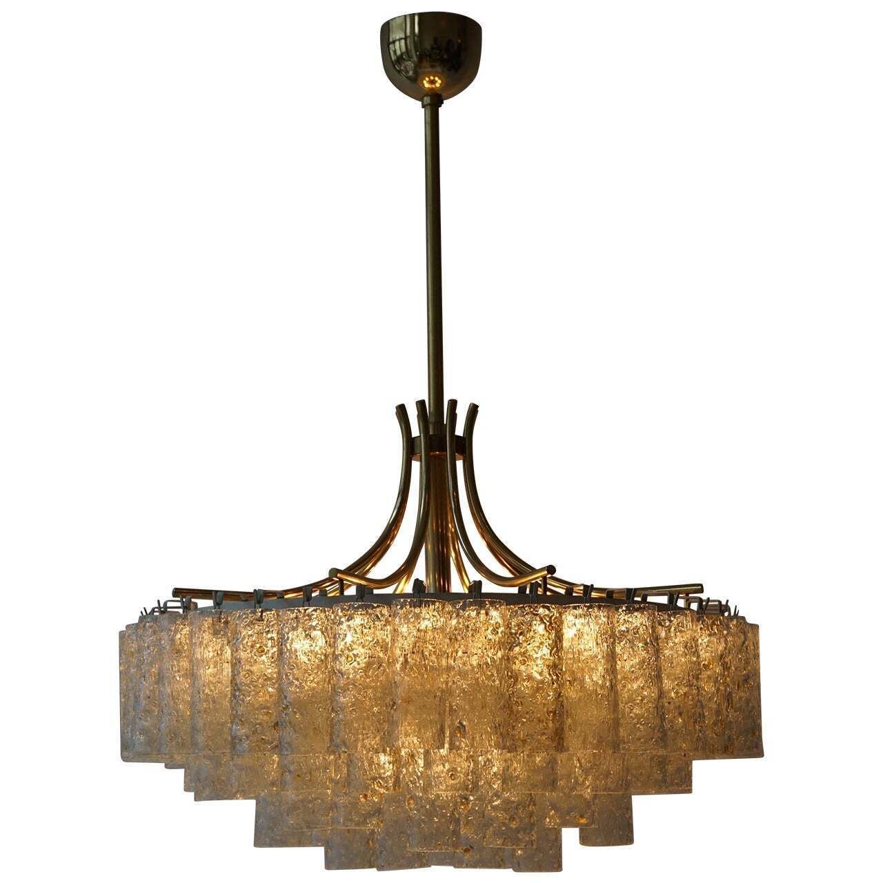 Glass Tube And Brass Chandelier By Doria, Germany