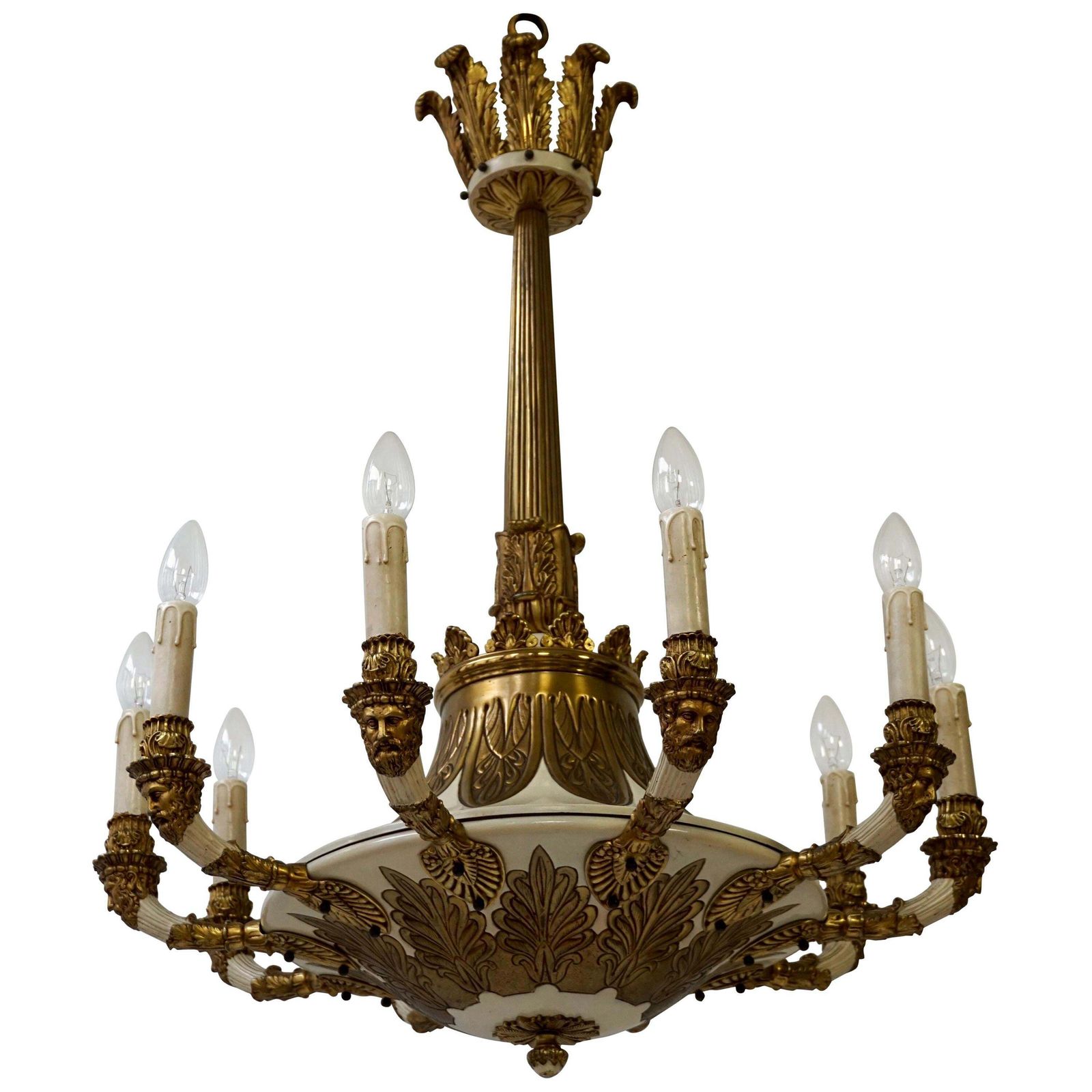 Spectacular Ten Arms Brass White Painted Chandelier With Men's Head