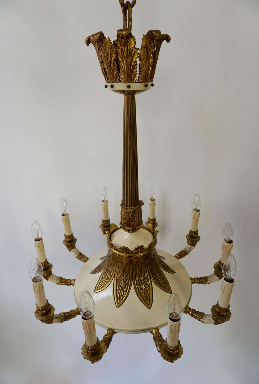 Spectacular Ten Arms Brass White Painted Chandelier With Men's Head photo for sale