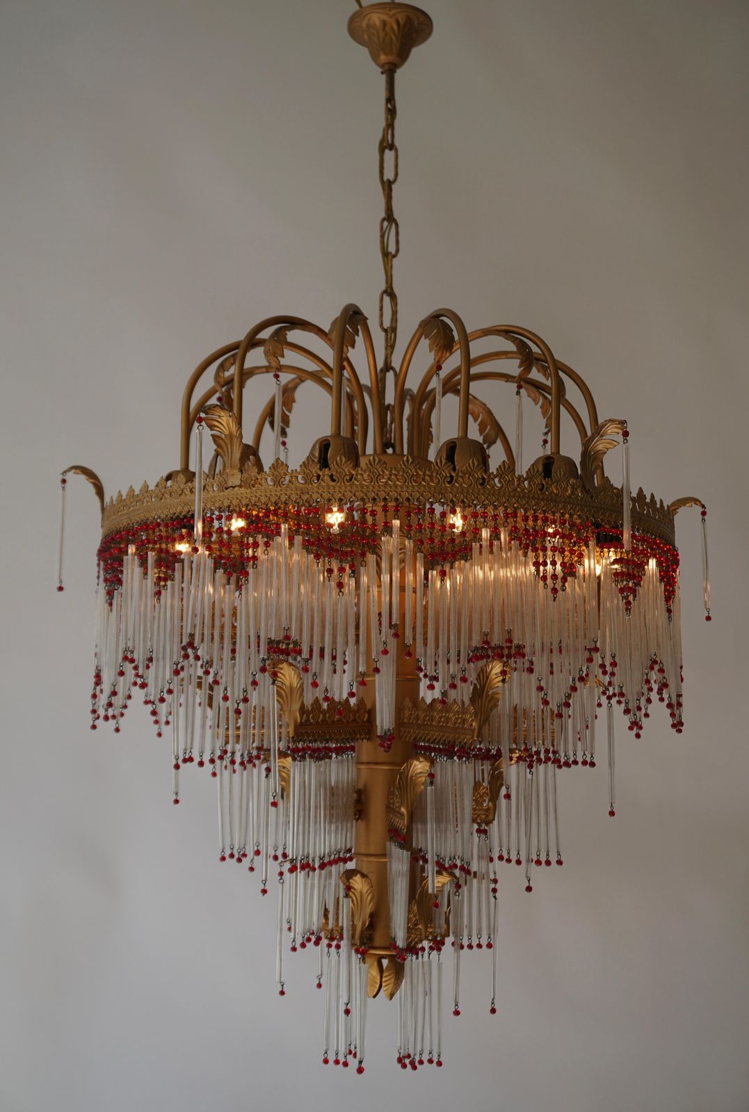 Italian Chandelier In Brass And Glass photo vintage