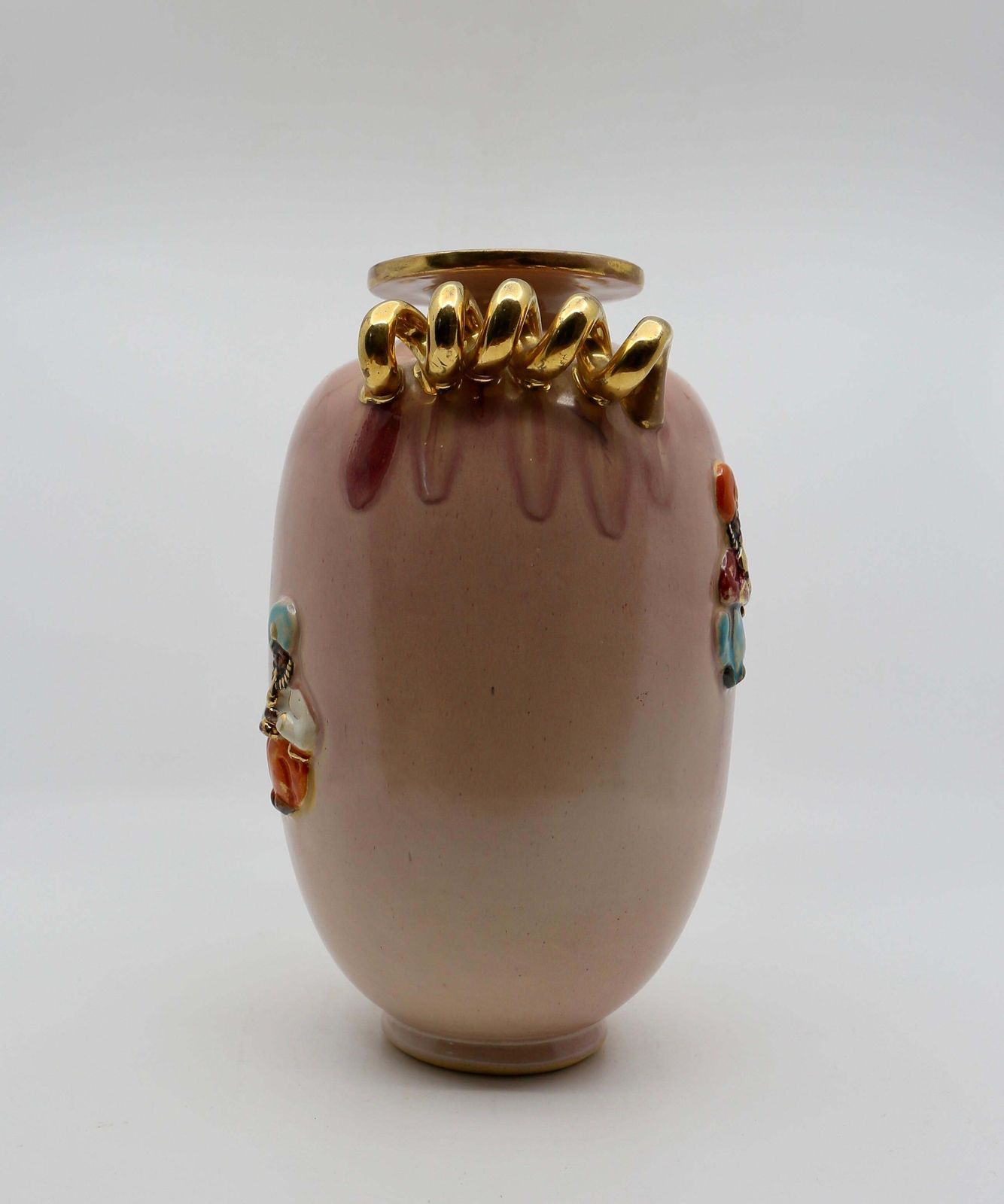 Art Deco Vase, Peach And Gold With Oriental Figures, 1940s photo vinterior