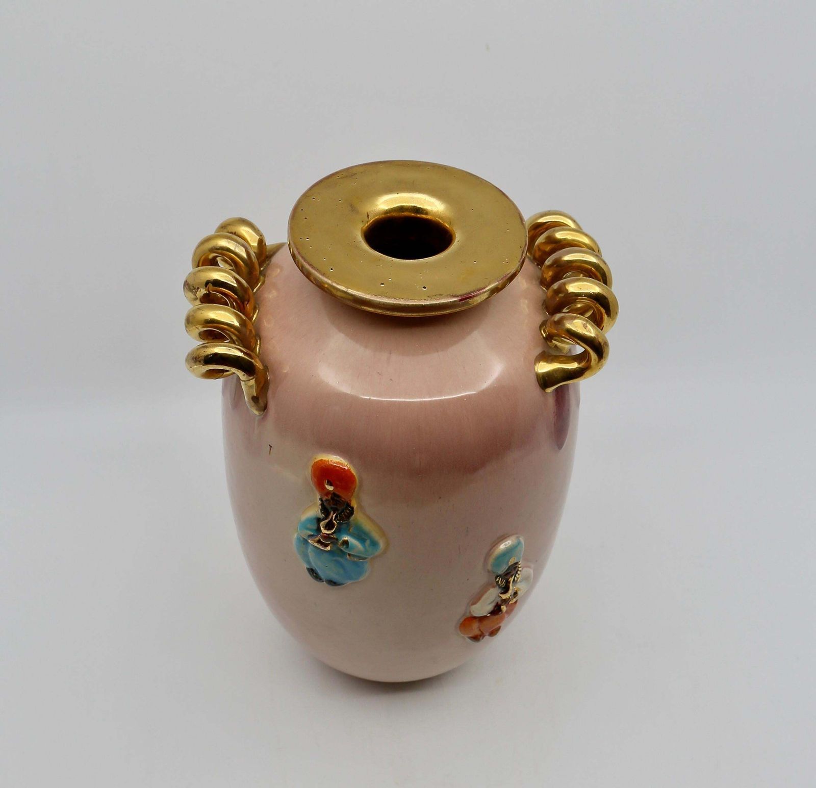 Home Decor Art Deco Vase, Peach And Gold With Oriental Figures, 1940s photo