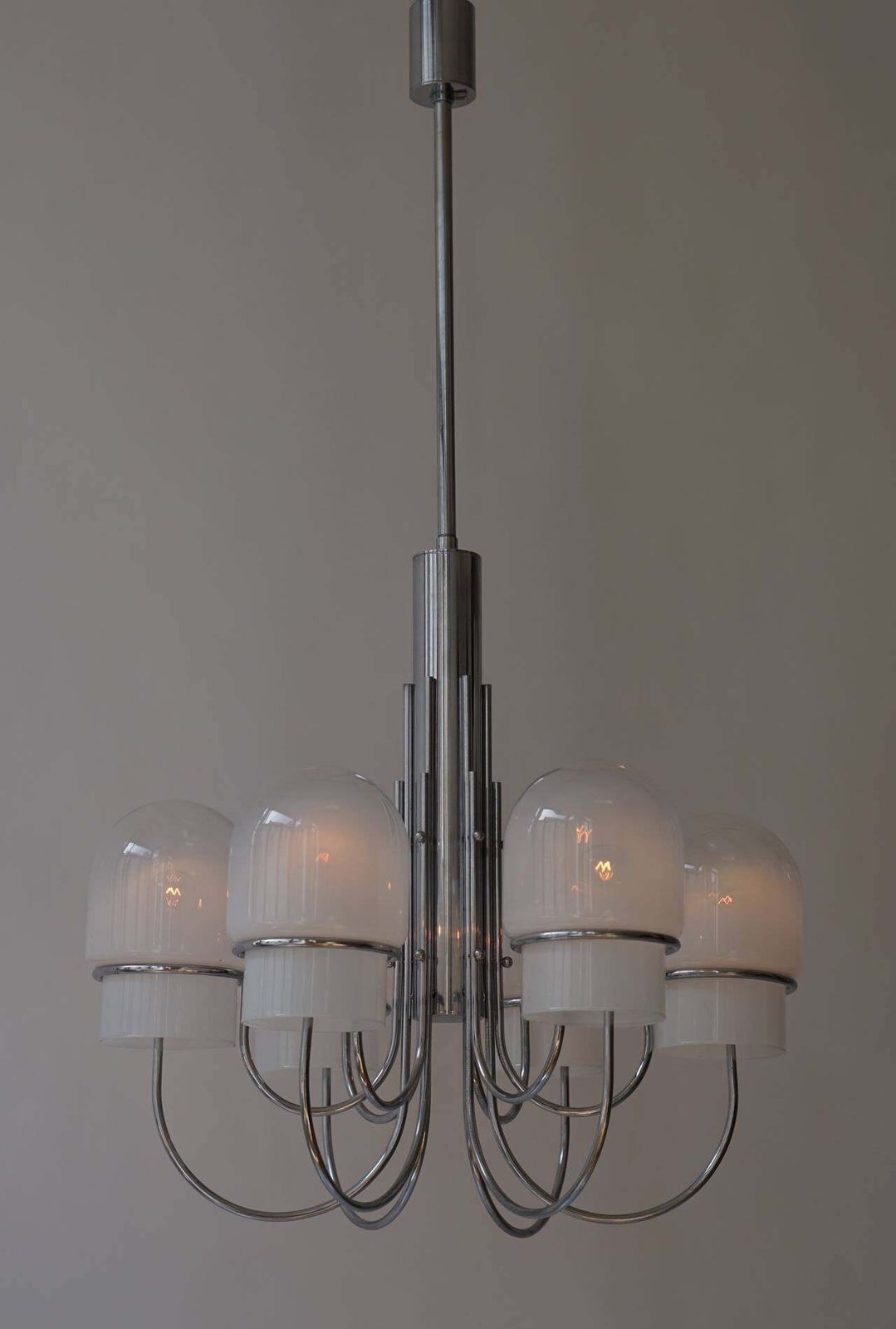 Italian Six Arched Arm Chrome And Milk Glass Chandelier, Circa 1960s photo 2210.0