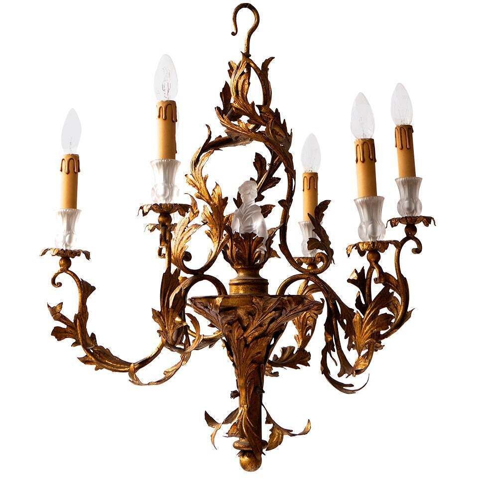 Gilt Wrought Iron Chinoiserie Style Chandelier With Glass Geisha