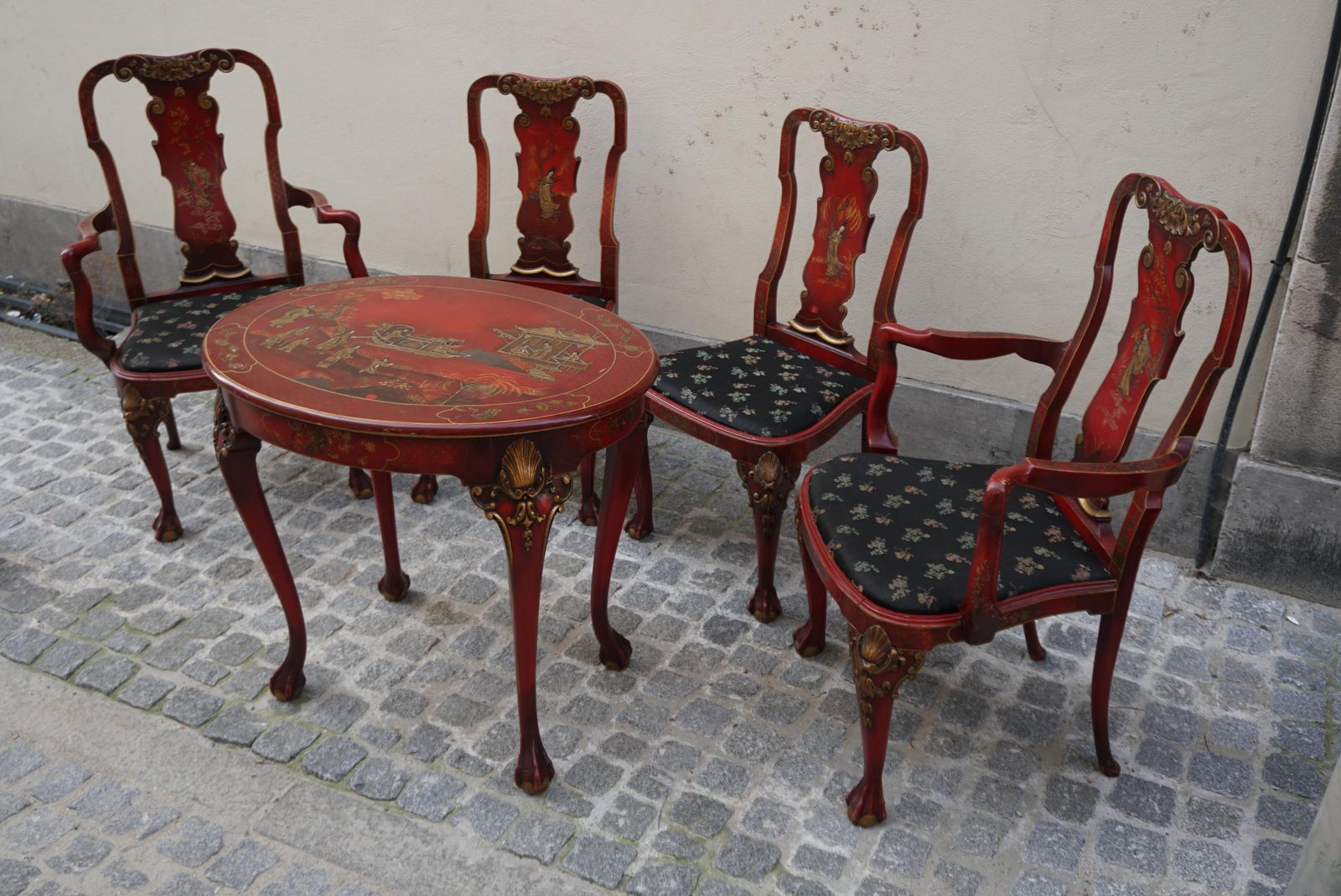 Red Lacquered English Chippendale Living Room Set In Japanese Style photo for sale
