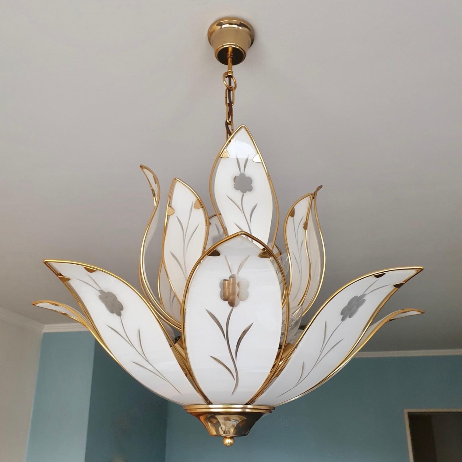 Two Lotus Chandeliers In Brass And White Murano Glass In Franco Luce Style photo for sale