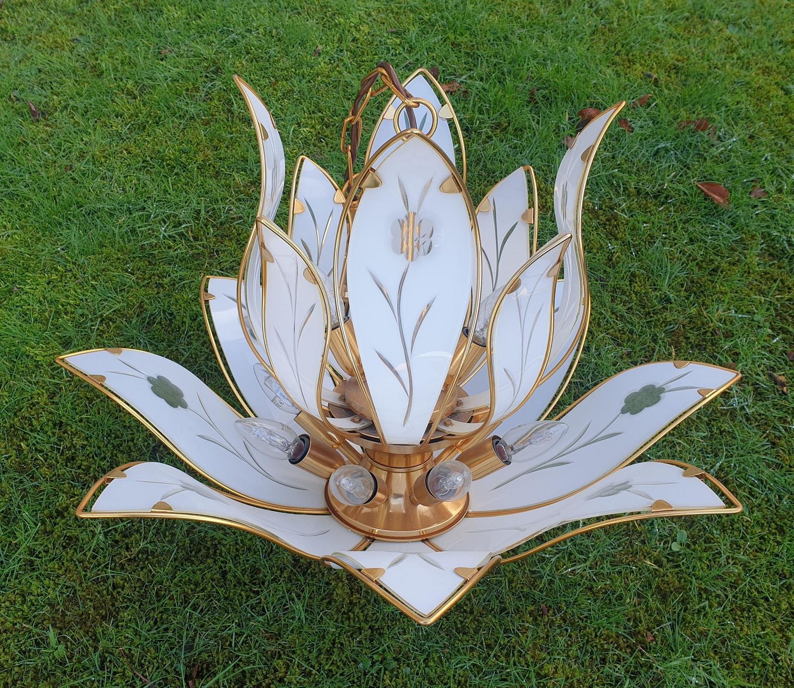 Two Lotus Chandeliers In Brass And White Murano Glass In Franco Luce Style photo vinterior