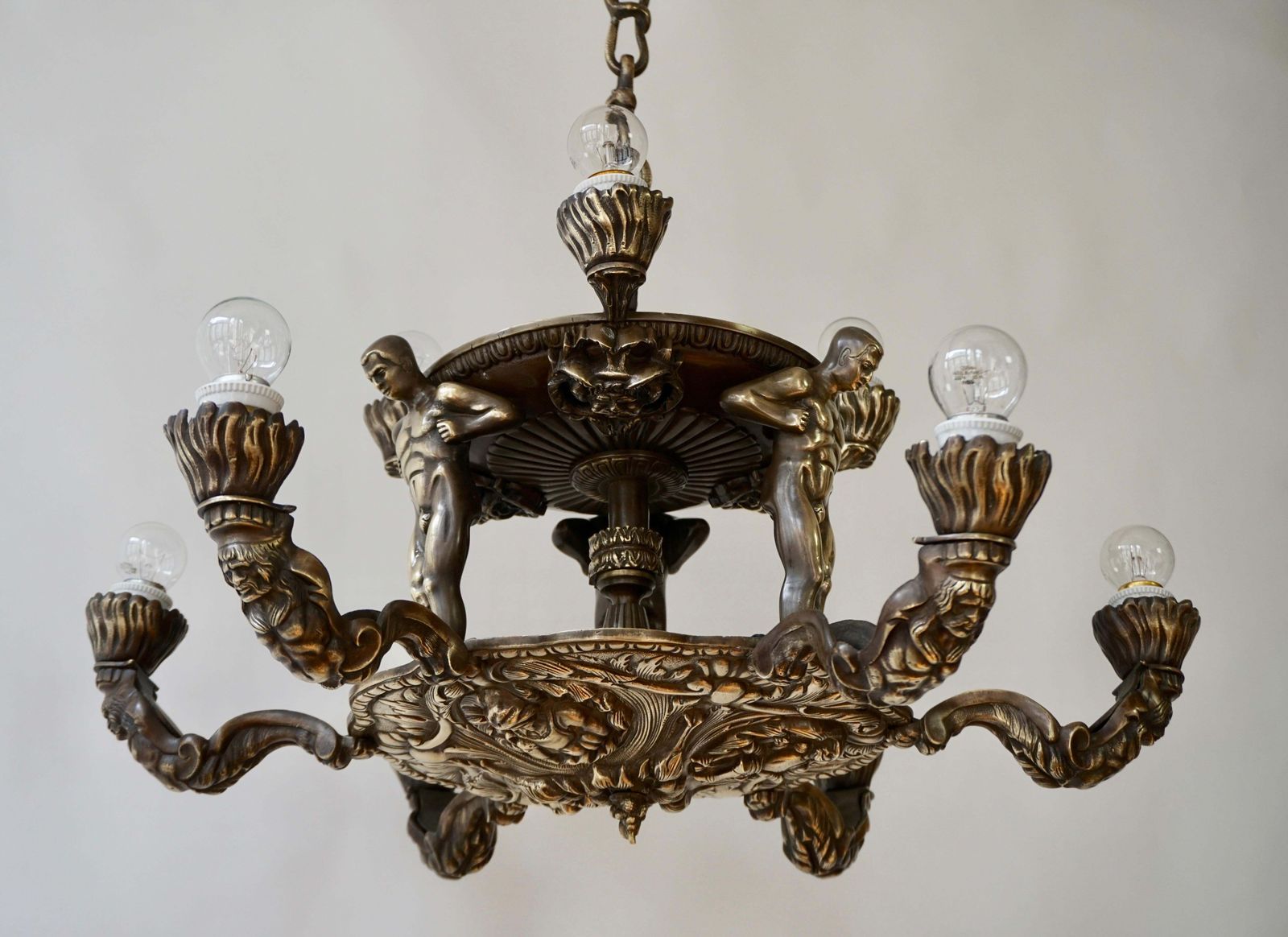 French Bronze Art Deco Hollywood Regency Chandelier Showing Male Nude Figures photo for sale