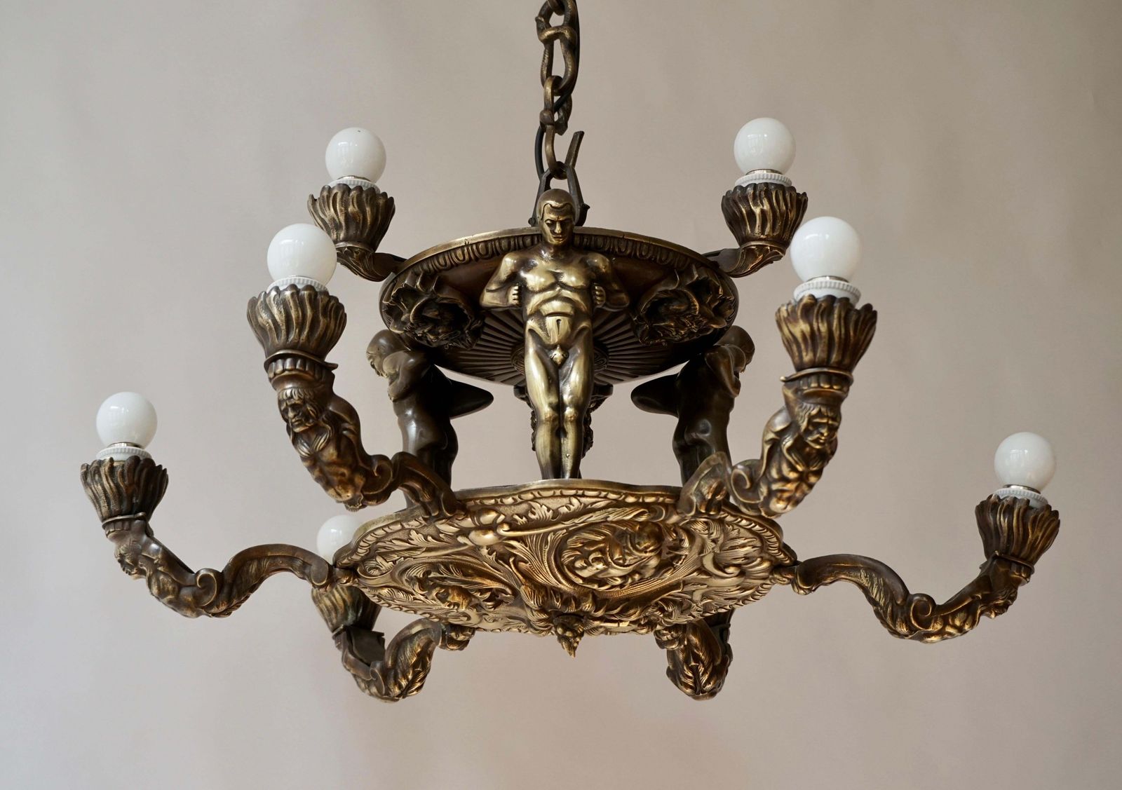French Bronze Art Deco Hollywood Regency Chandelier Showing Male Nude Figures photo vinterior