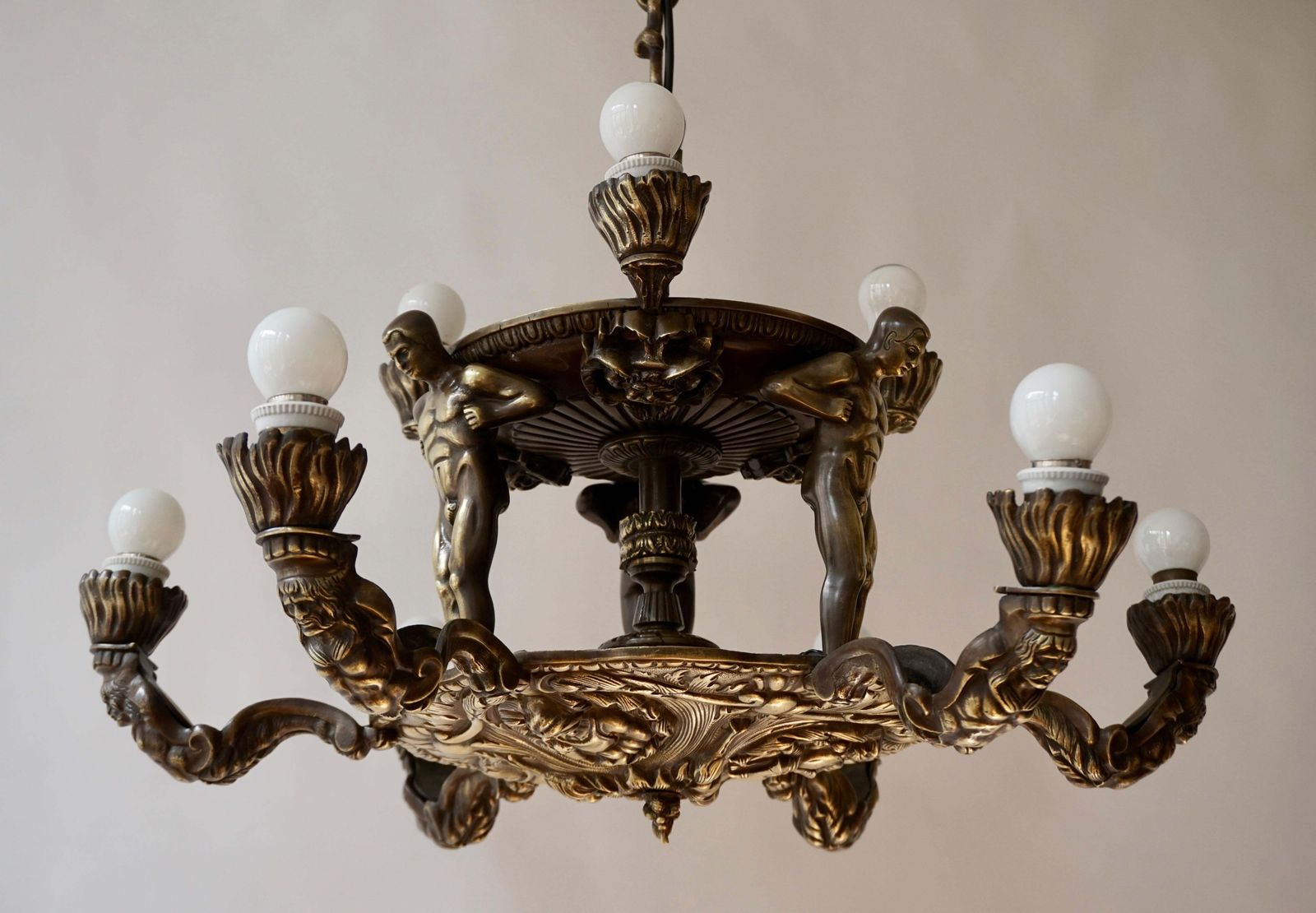 Lighting French Bronze Art Deco Hollywood Regency Chandelier Showing Male Nude Figures photo