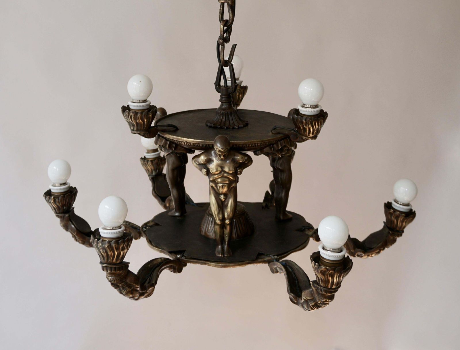 photo vinterior French Bronze Art Deco Hollywood Regency Chandelier Showing Male Nude Figures