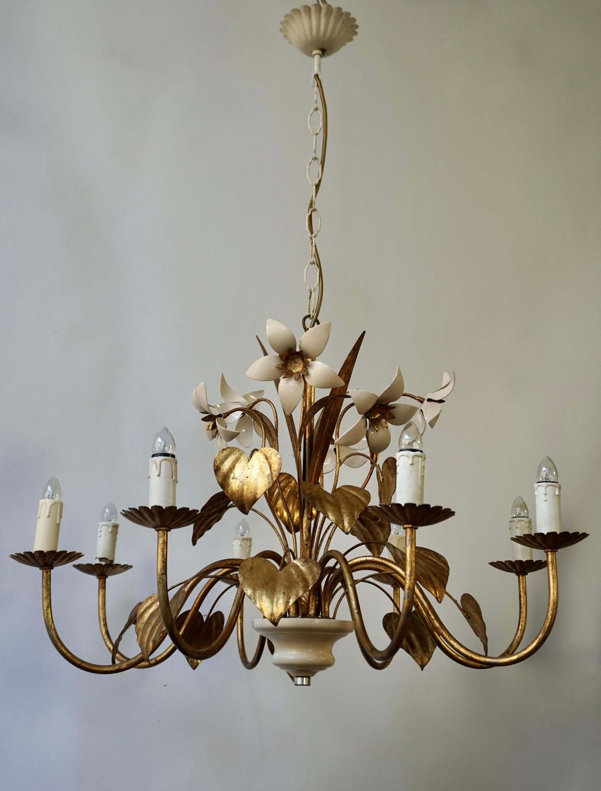 Chandelier With Golden Leaves And White Flowers photo furniture
