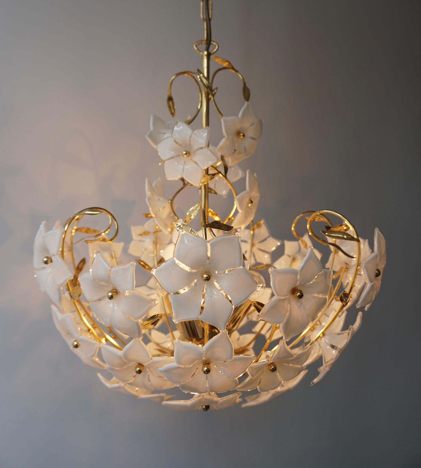 Three Italian Murano Glass Flower Bouquet Gilt Brass Chandeliers photo furniture