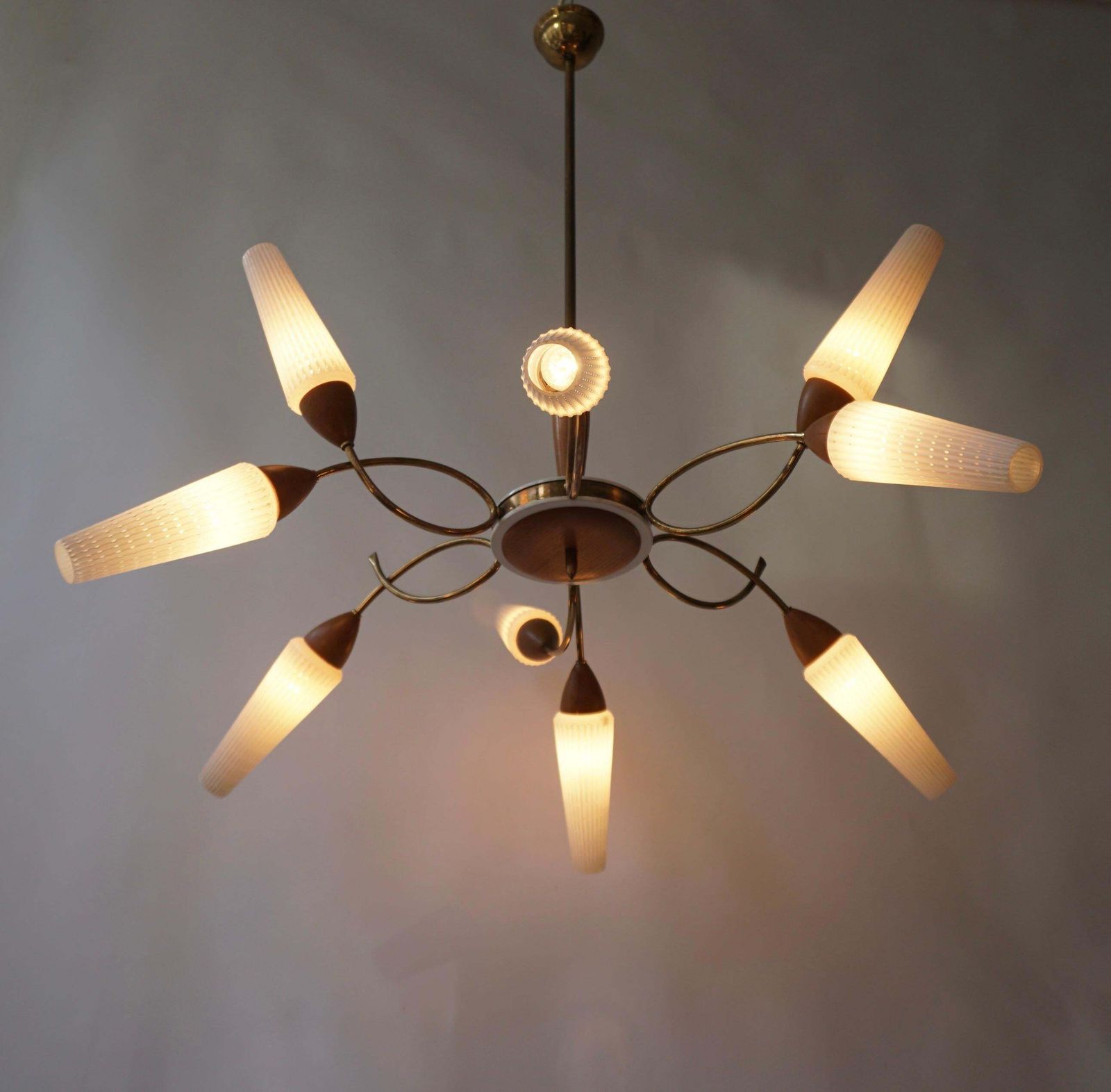 Stilnovo Style Teak And Opaline Glass Nine Arm Spider Chandelier photo Lighting