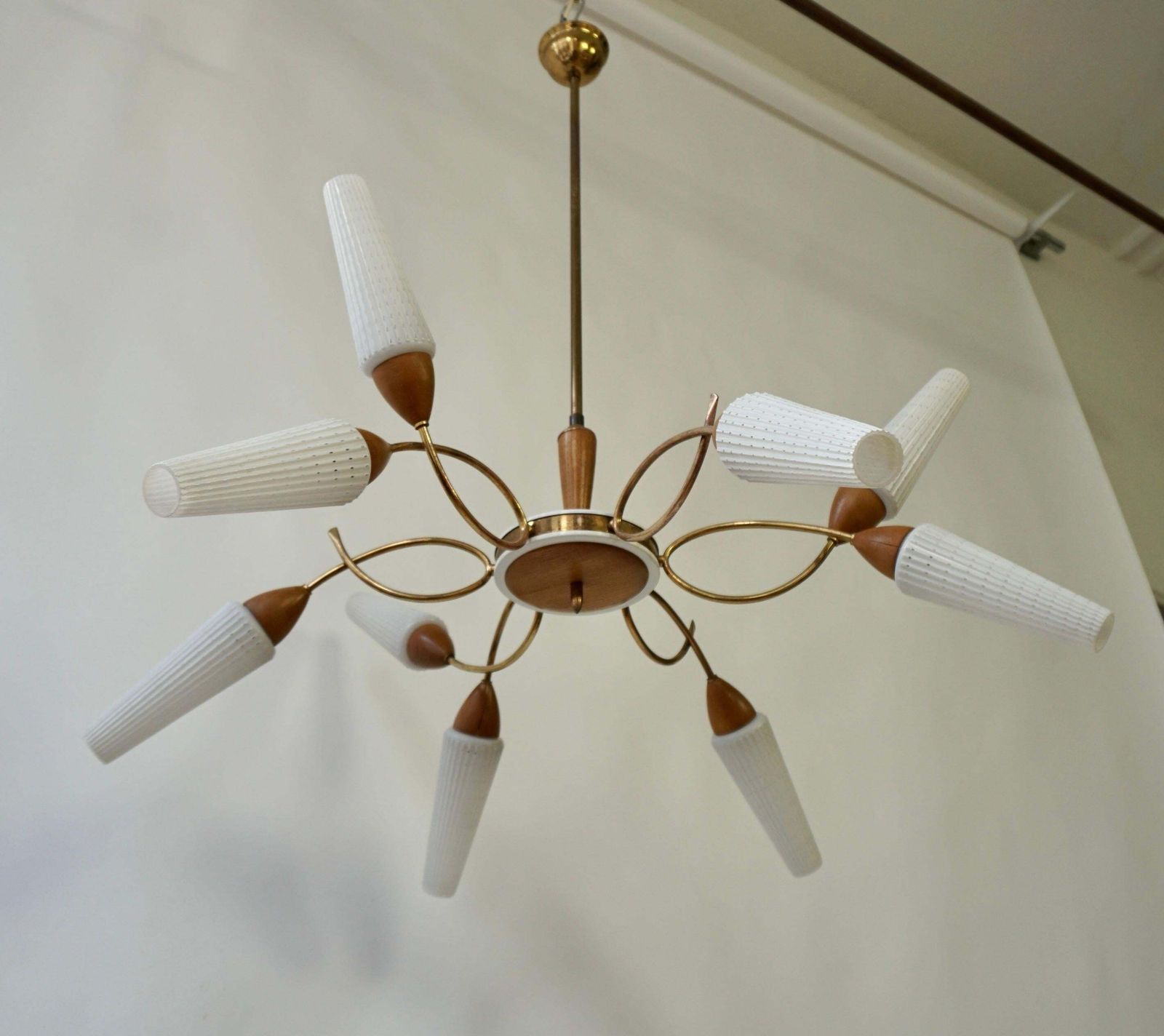 photo for sale Stilnovo Style Teak And Opaline Glass Nine Arm Spider Chandelier