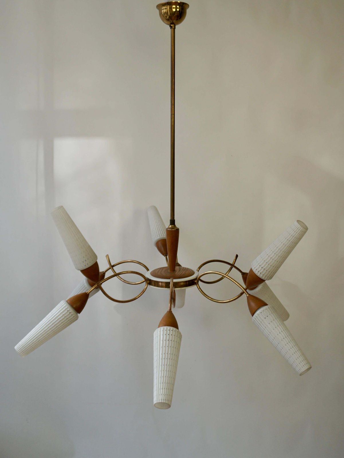 photo buy Stilnovo Style Teak And Opaline Glass Nine Arm Spider Chandelier