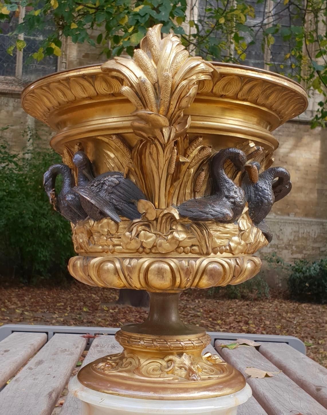 Exceptional Napoleon III Gilt Bronze And Onyx Swan Centerpiece Urn, France photo for sale