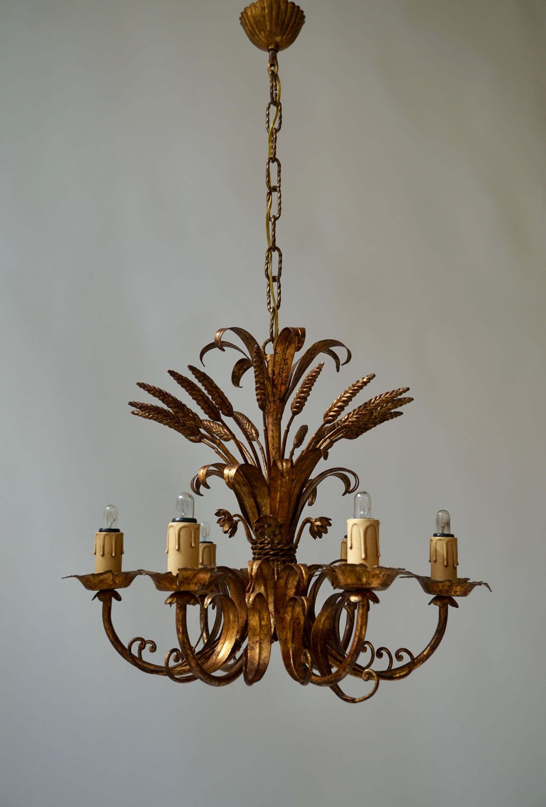 Italian Chandelier Pendant Light, Gilt Metal, 1970s photo for sale