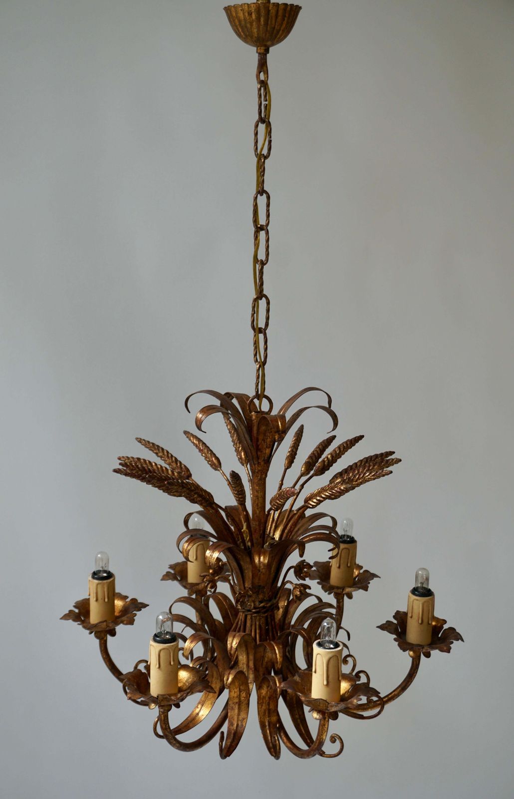 Italian Chandelier Pendant Light, Gilt Metal, 1970s photo 1827.0