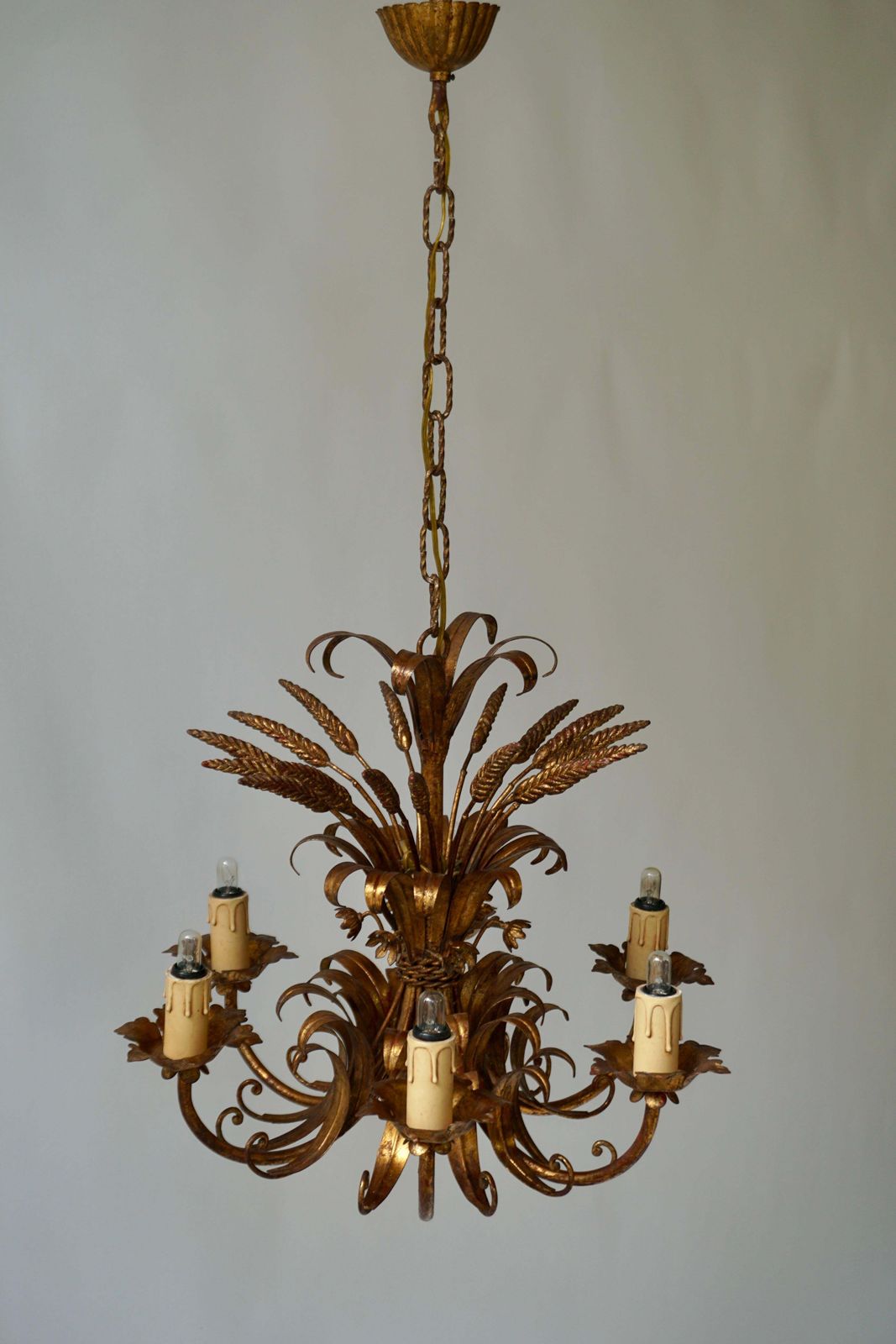 Italian Chandelier Pendant Light, Gilt Metal, 1970s photo vintage
