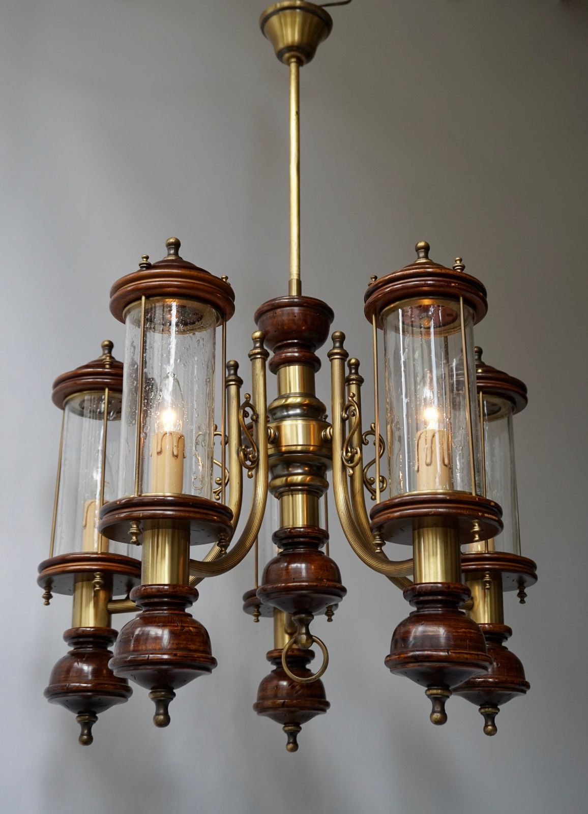 Chandelier Is Glass, Brass And Wood photo for sale