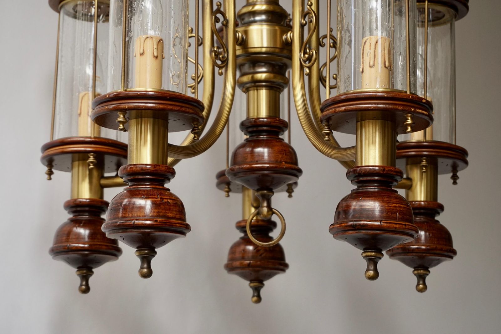 Lighting Chandelier Is Glass, Brass And Wood photo